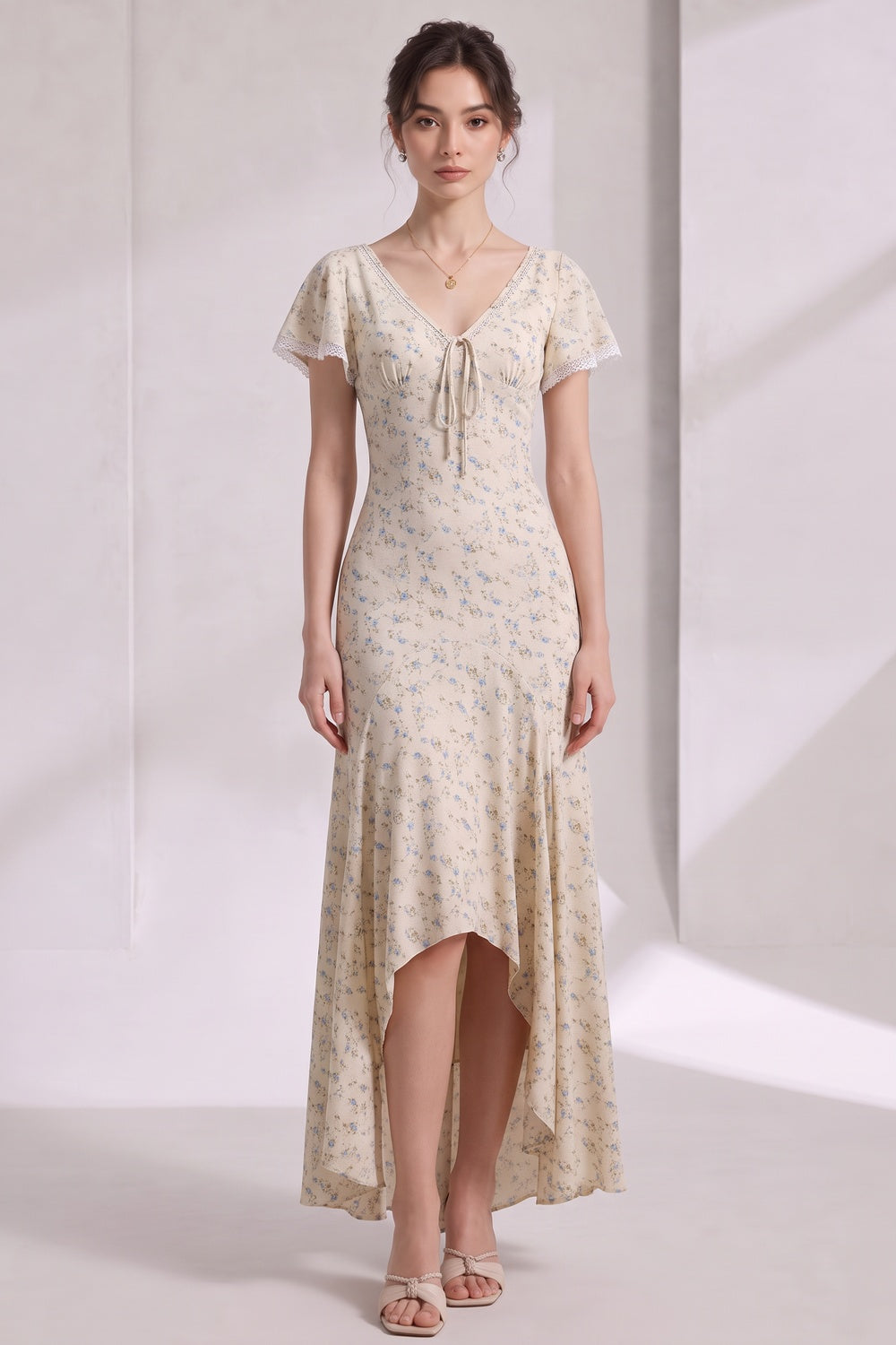 CREAM DITSY FLORAL MAXI DRESS FITTED BODICE FLARED SKIRT