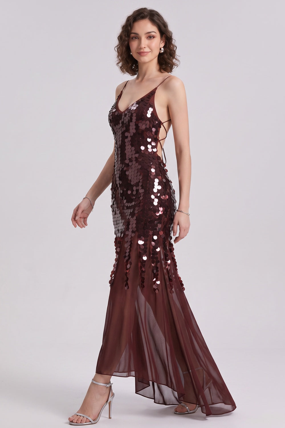 b240e180556e4975 BURGUNDY SEQUIN SHEATH DRESS WITH FLARED SHEER SKIRT