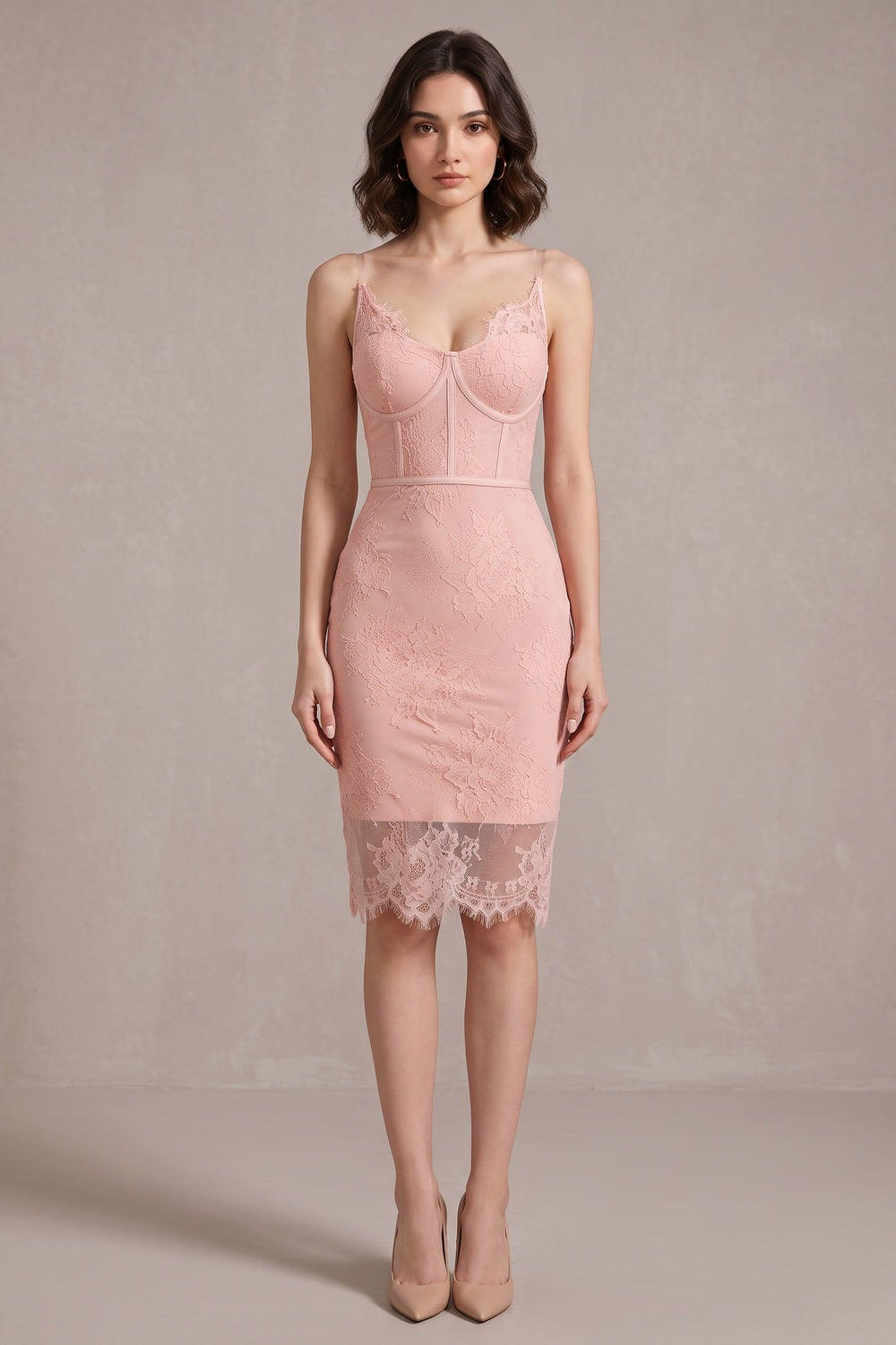 LIGHT PINK LACE BODYCON DRESS FOR PARTY