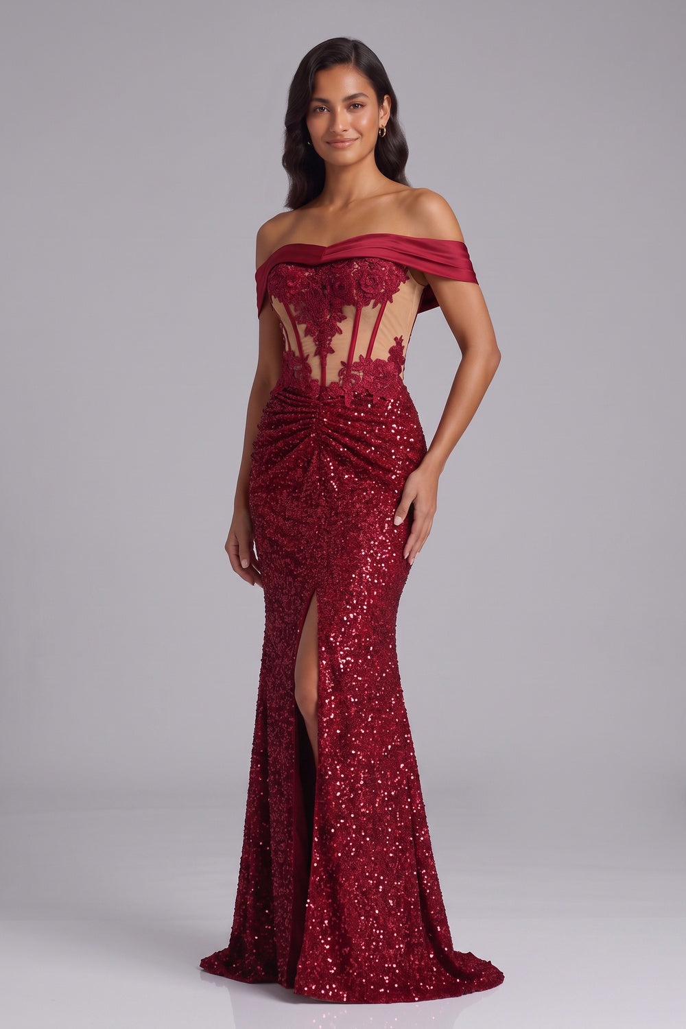 b31ad22415bde481 DEEP RED SEQUIN OFF-SHOULDER MERMAID EVENING GOWN