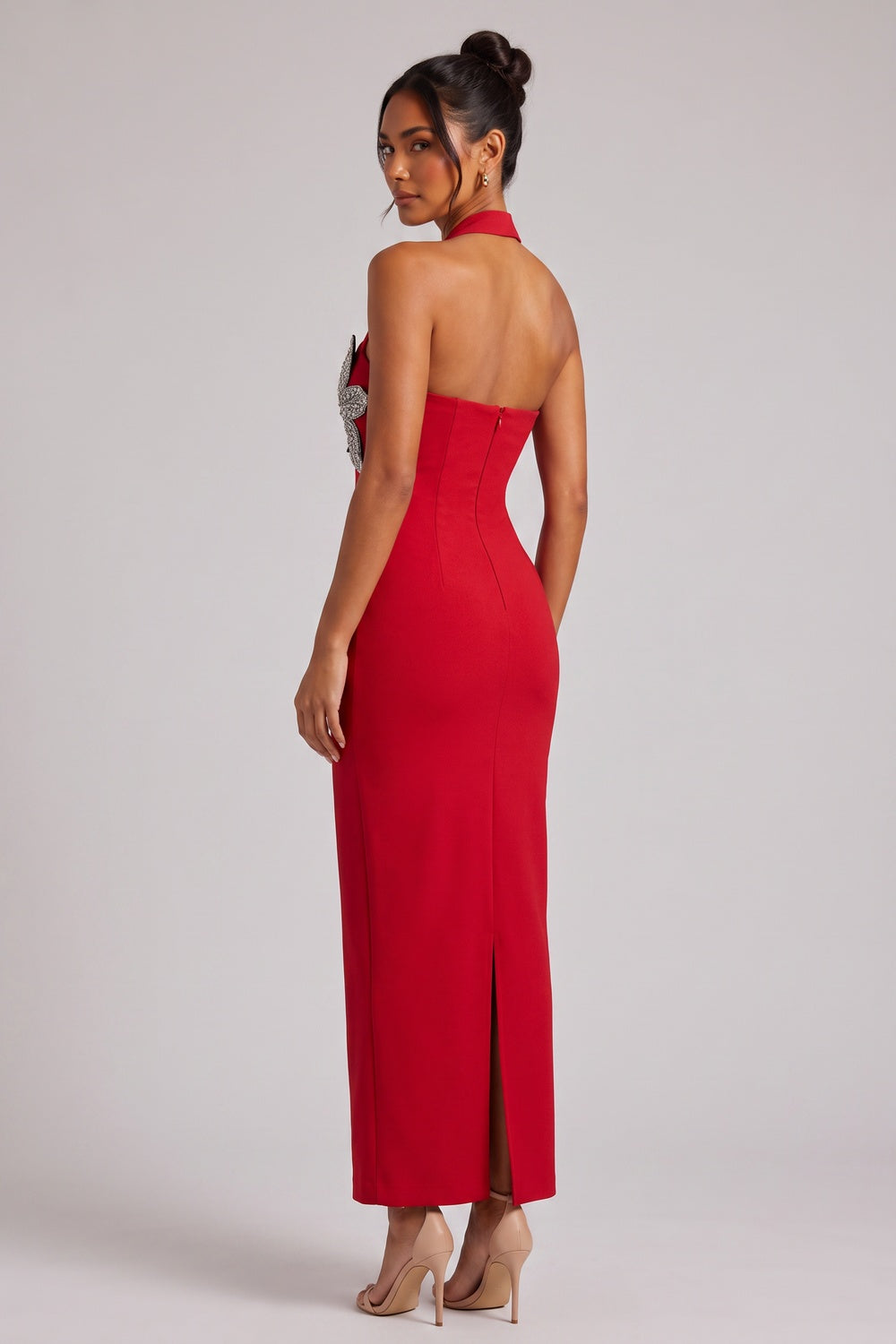 b35cd625fcdcb2a9 RED HALTER MAXI DRESS SILVER FLORAL PARTY