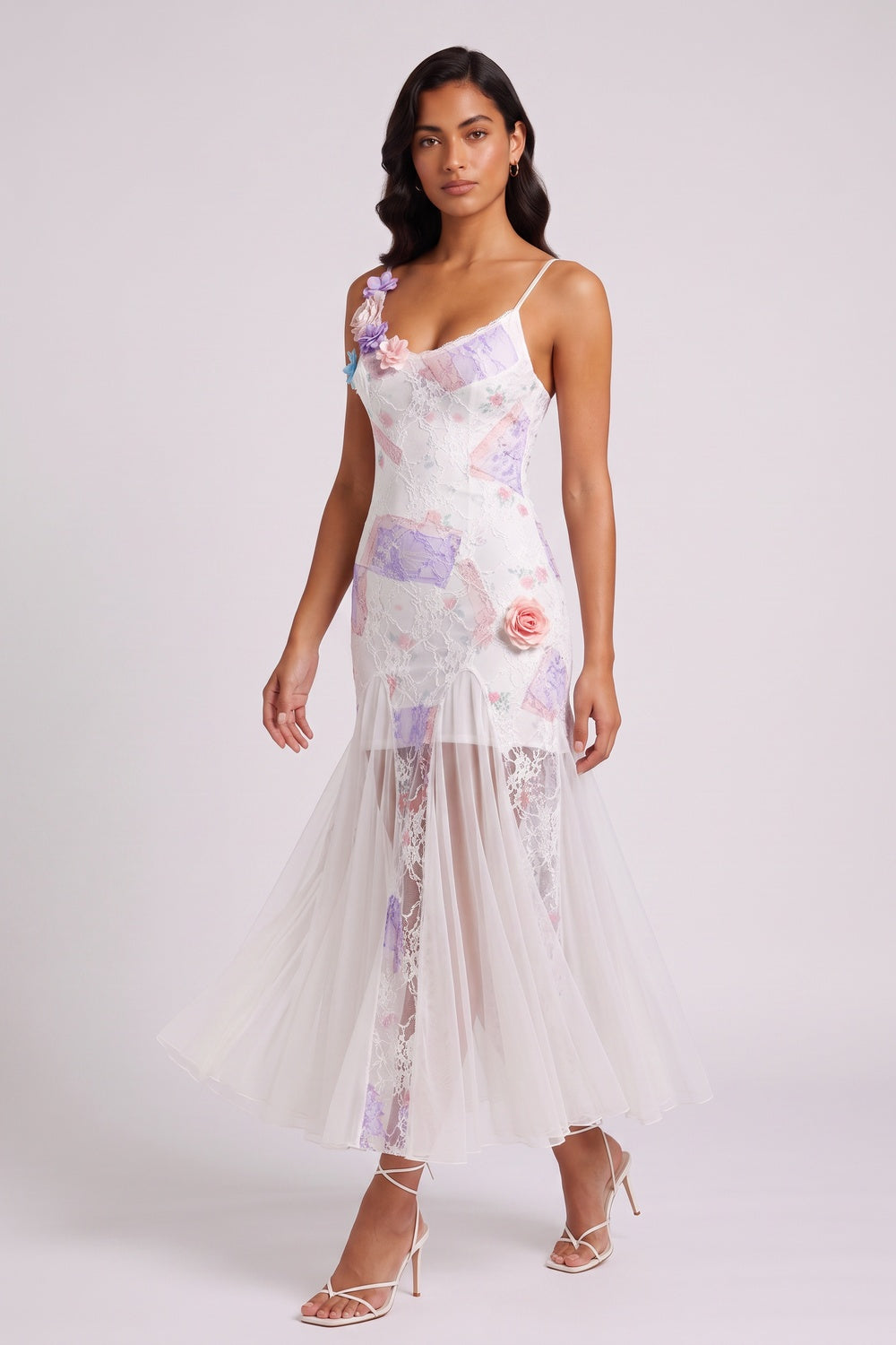 b35e968794ed3564 PASTEL FLORAL LACE MERMAID MIDI DRESS, 3D FLOWER TULLE
