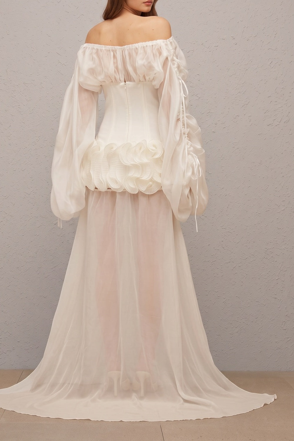 b3a224f6536fb296 OFF SHOULDER CORSET RUFFLE HIGH LOW MINI DRESS
