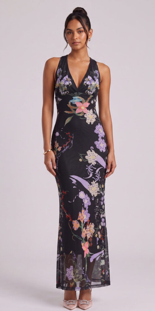 b3dfcef32026ff8f BLACK SHEER FLORAL PRINT FITTED COLUMN MAXI DRESS
