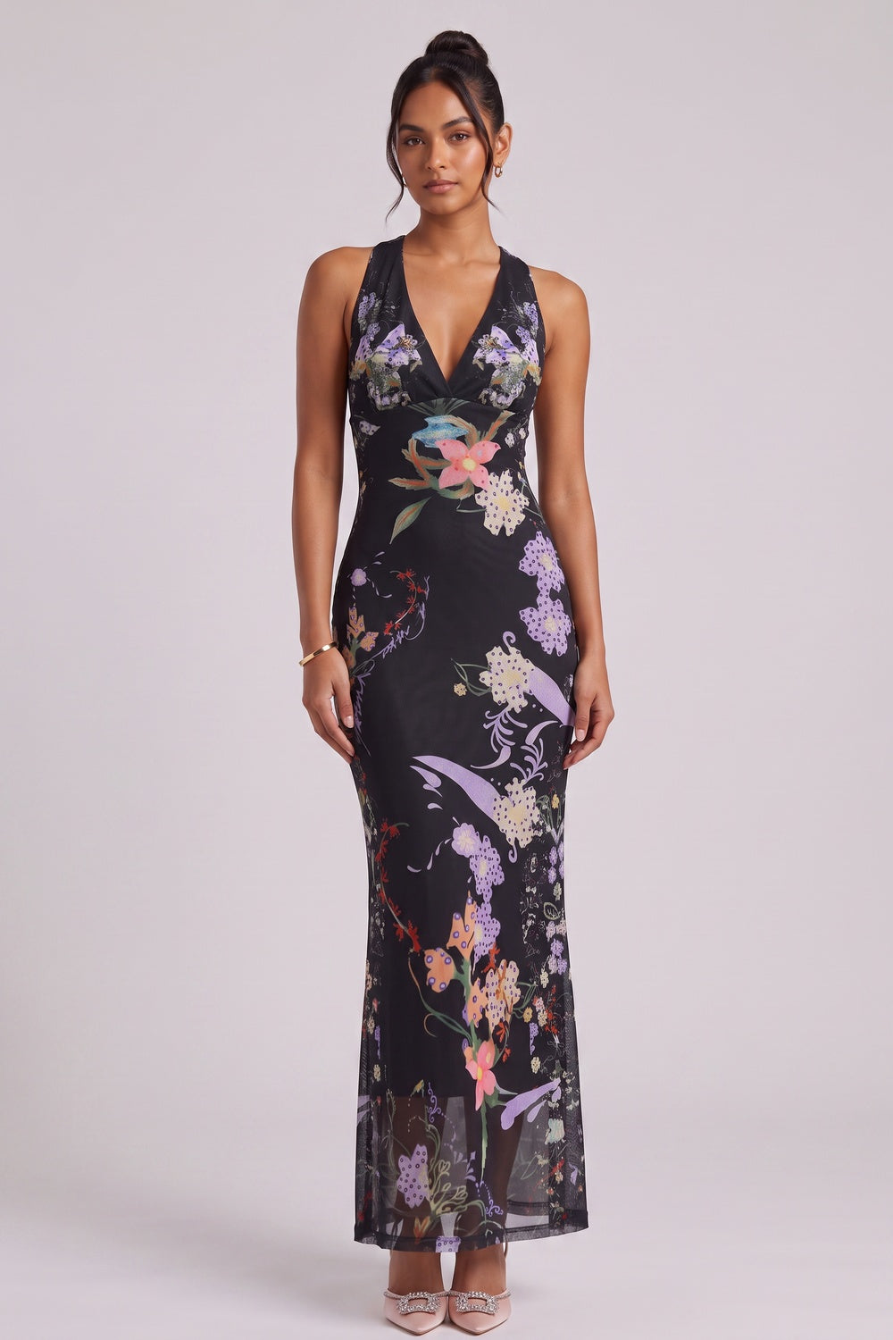 b3dfcef32026ff8f BLACK SHEER FLORAL PRINT FITTED COLUMN MAXI DRESS