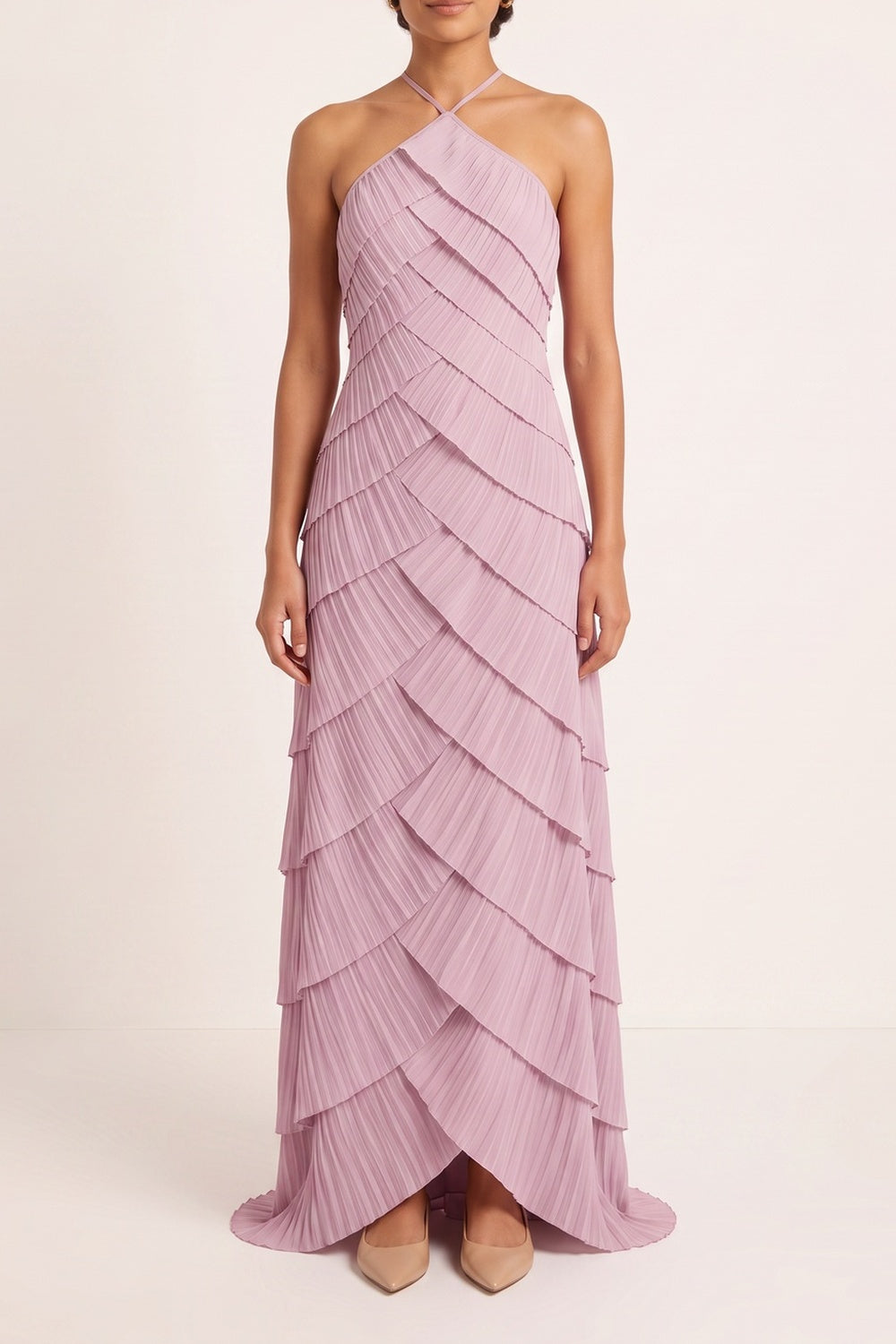 HALTER PLEATED MAXI DRESS FOR WEDDING GUEST
