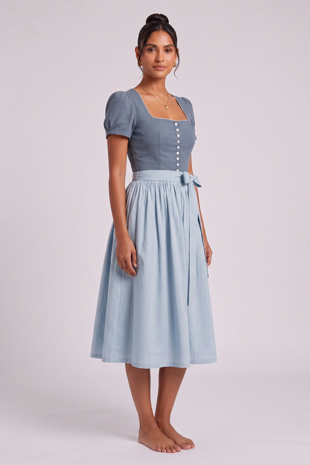 b48449c543c3376a SLATE BLUE COTTON-LINEN A-LINE DIRNDL DRESS