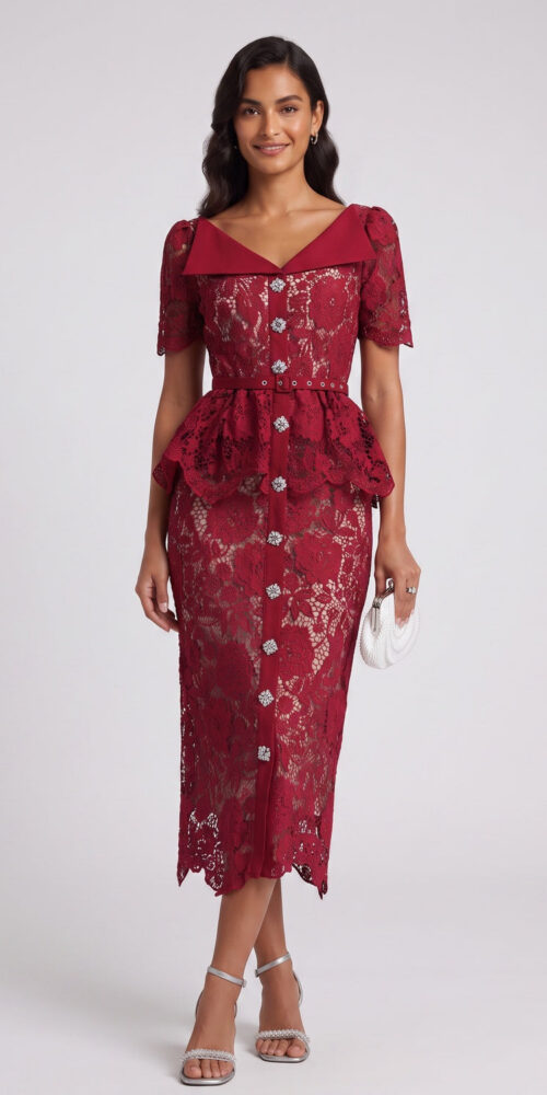 DARK RED PEPLUM LACE SHEATH DRESS, FORMAL