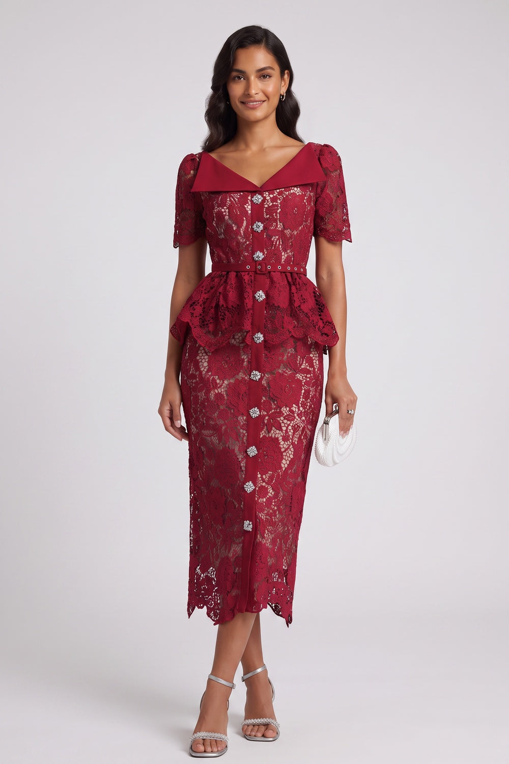 DARK RED PEPLUM LACE SHEATH DRESS, FORMAL