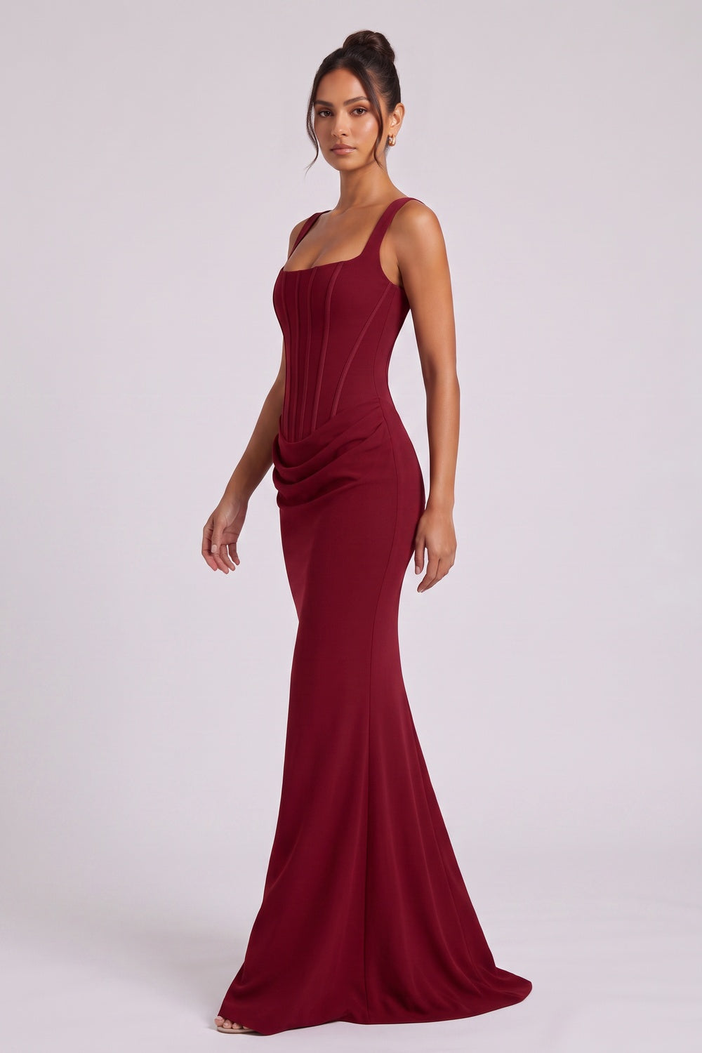 b4885b4a174cc272 BURGUNDY CREPE MERMAID EVENING GOWN
