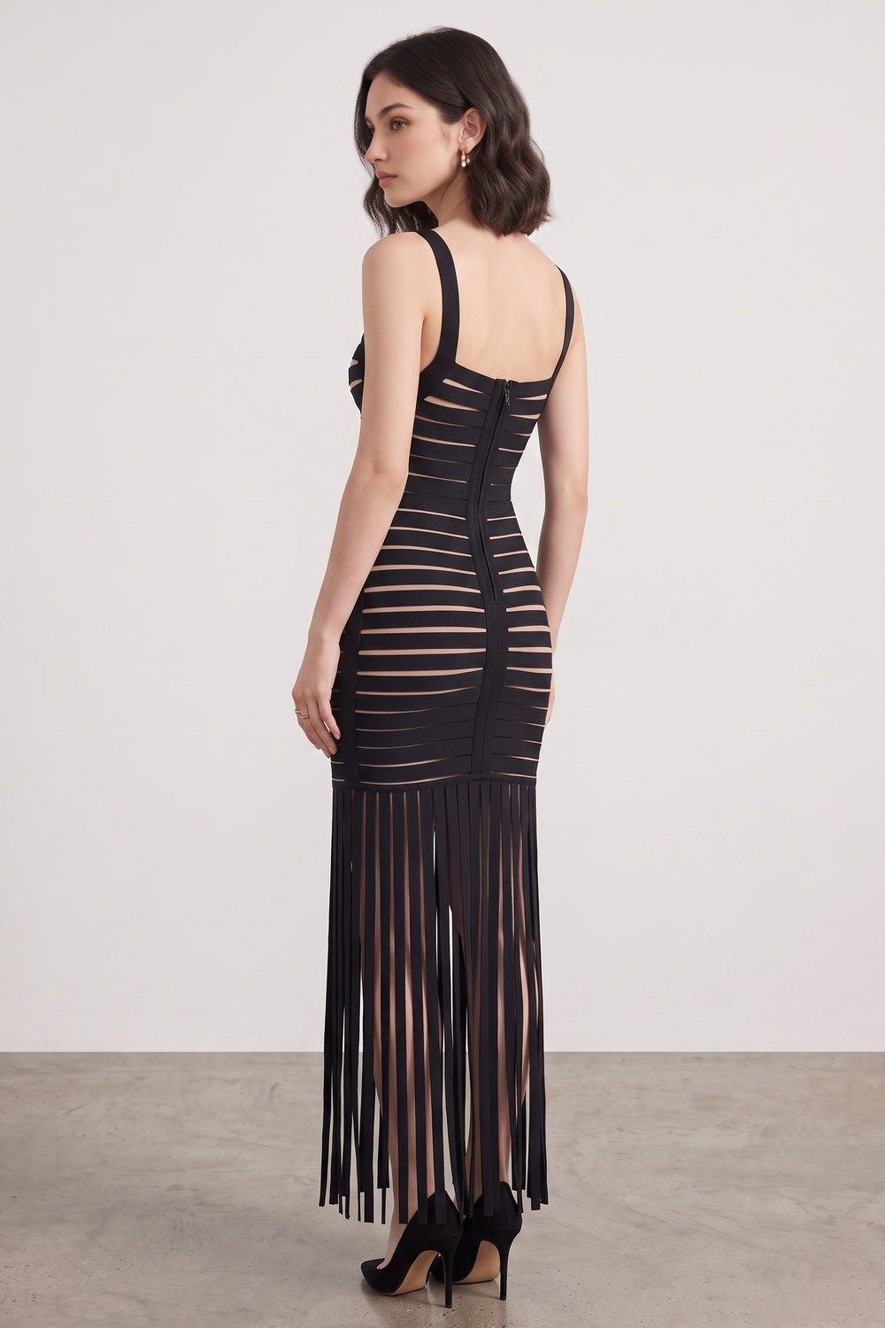 b49546d3d84e5e2e BLACK FRINGE BANDAGE KNIT MAXI DRESS FOR EVENING