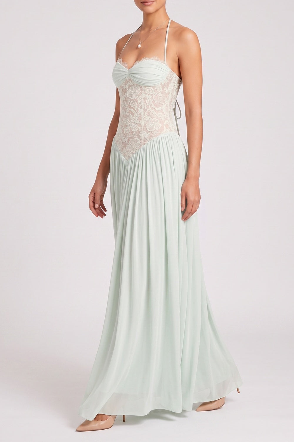 b4b1b40904a2206a HALTER TWIST BUST LACE CORSET CHIFFON MAXI DRESS