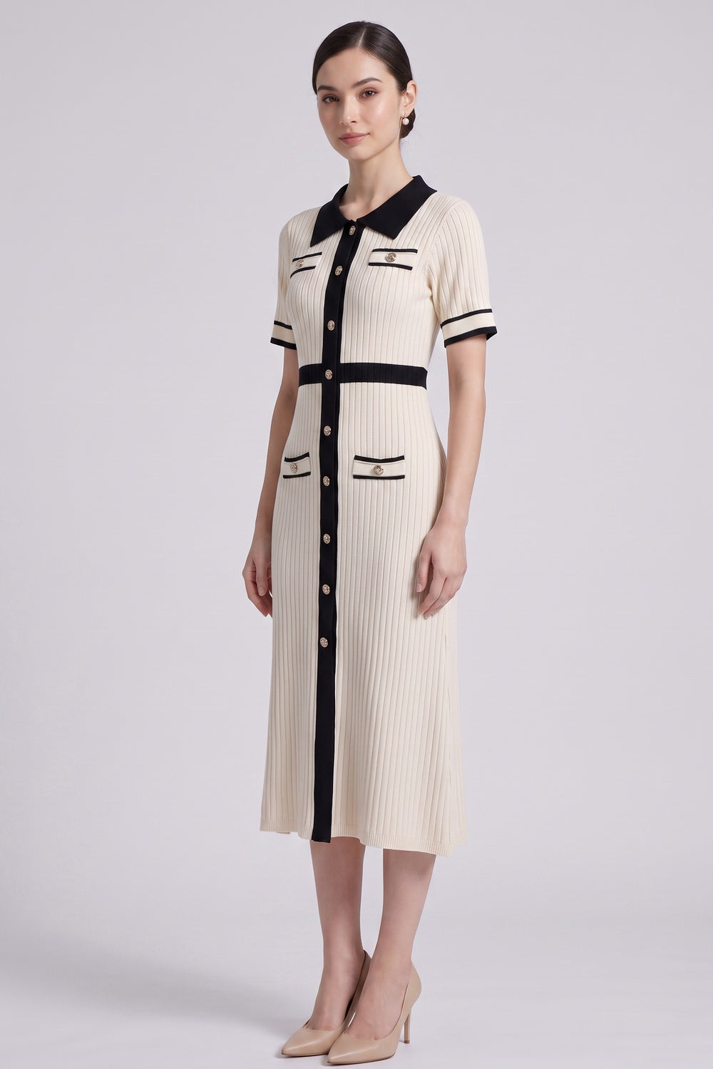 CREAM RIBBED MIDI DRESS BLACK TRIM COCKTAIL