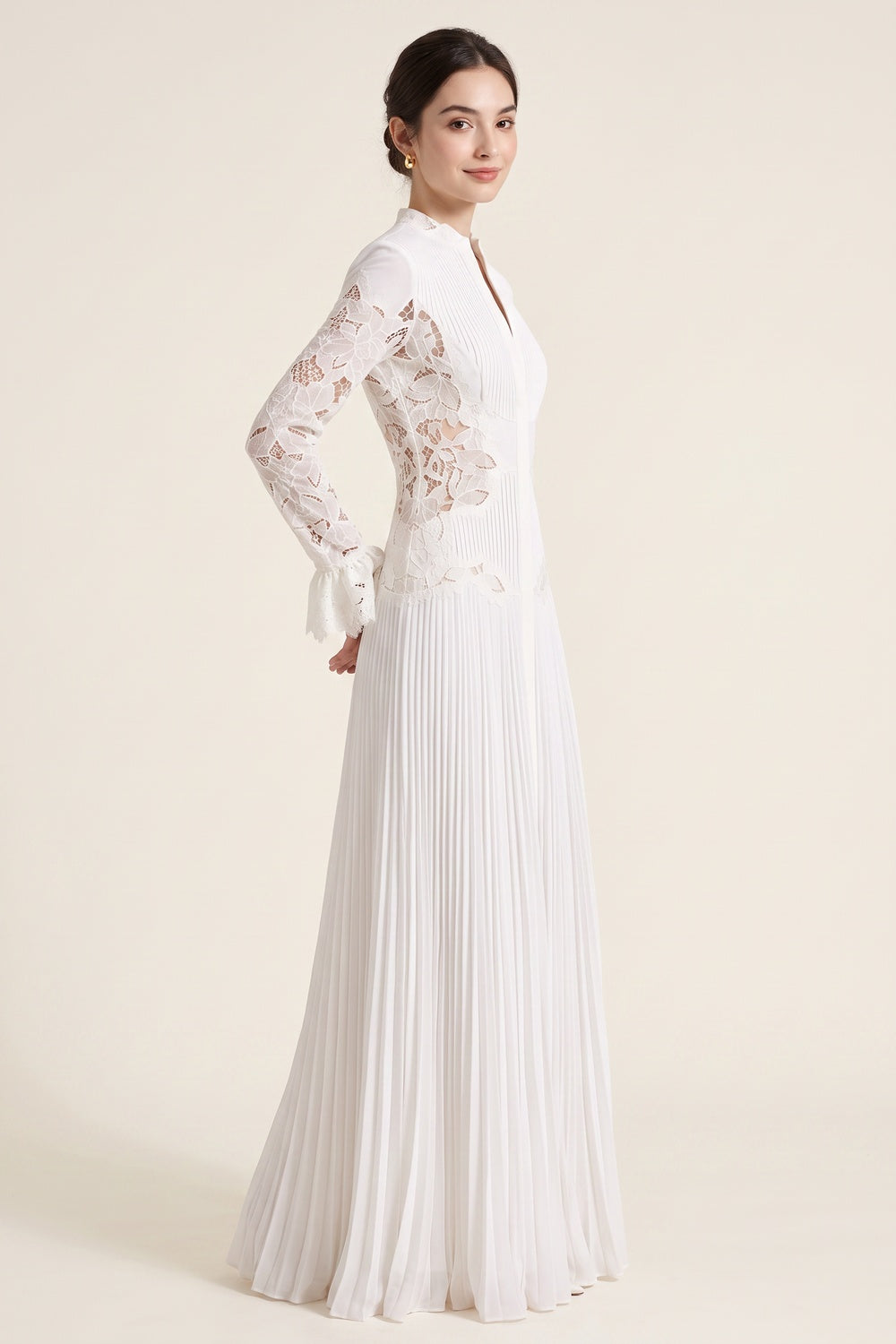 WHITE PLEATED GEORGETTE A-LINE LACE GOWN FOR WEDDING GUEST