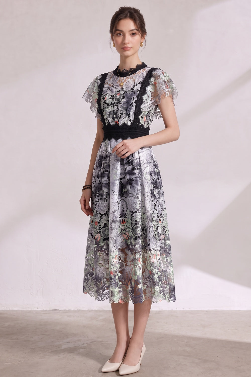 b590c131e8b4f15d WHITE GUIPURE LACE FIT-AND-FLARE MIDI DRESS FOR WEDDING GUEST