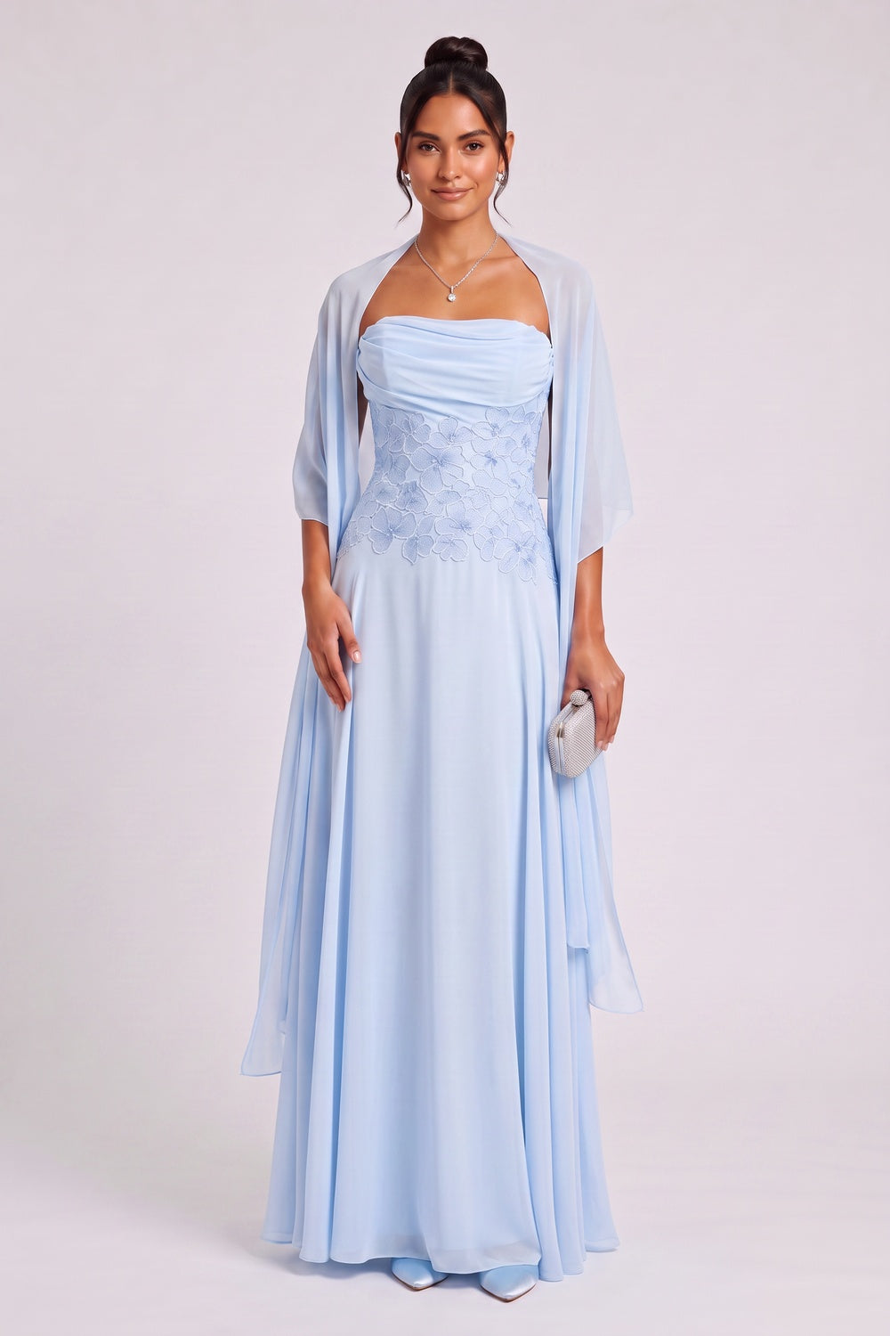 LIGHT BLUE CHIFFON A-LINE EVENING GOWN