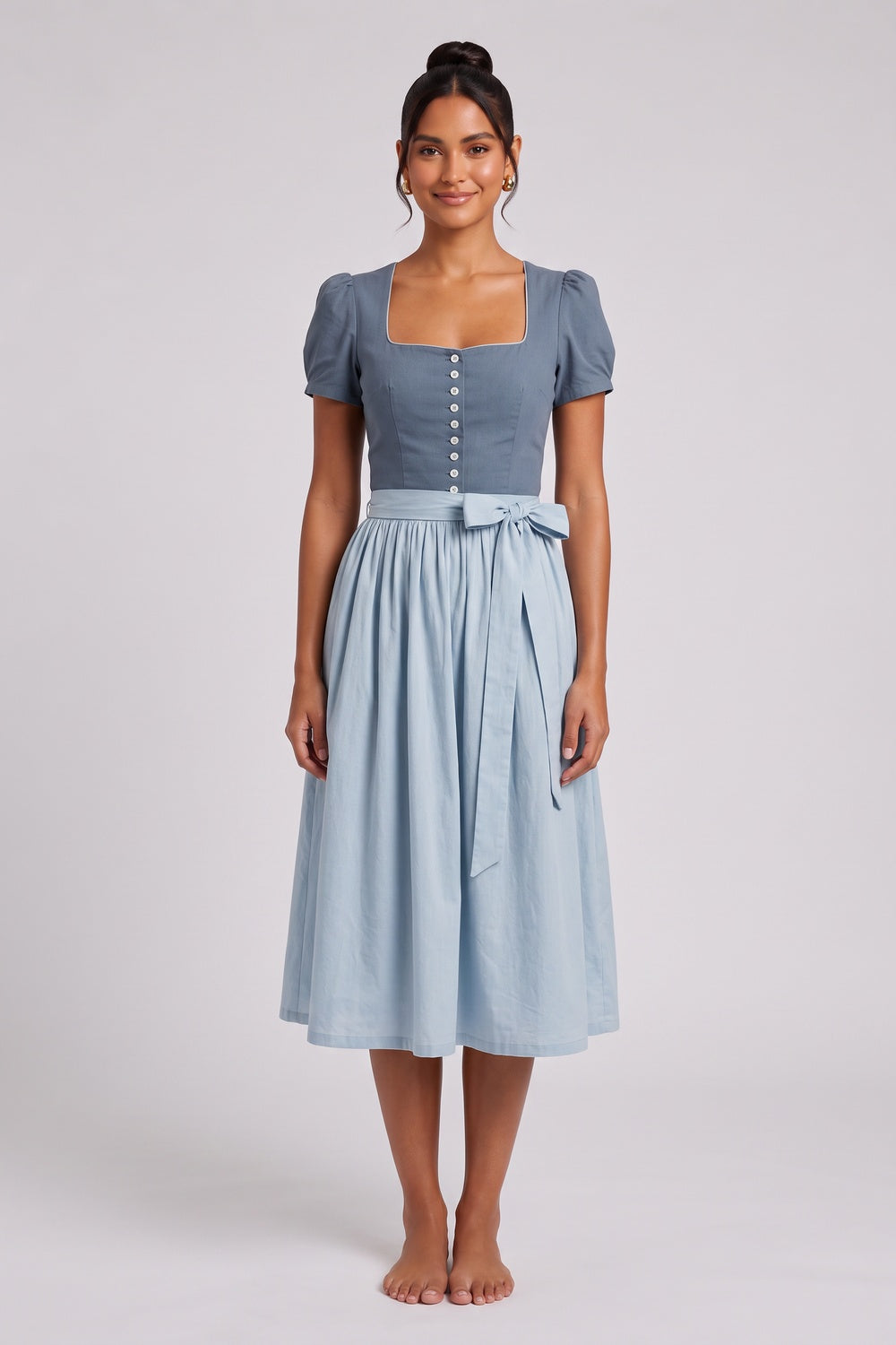 b636d64b9abf7105 SLATE BLUE COTTON-LINEN A-LINE DIRNDL DRESS