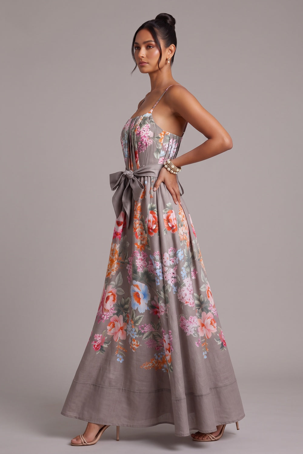 b63891e45e415afc TAUPE LINEN A-LINE FLORAL MAXI DRESS