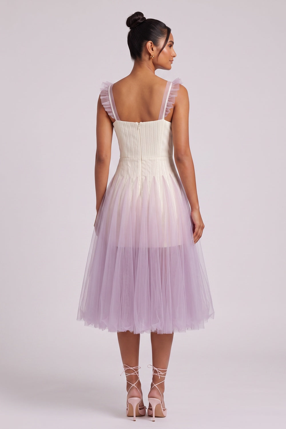 GRADIENT TULLE MIDI DRESS RUFFLE STRAPS WEDDING GUEST