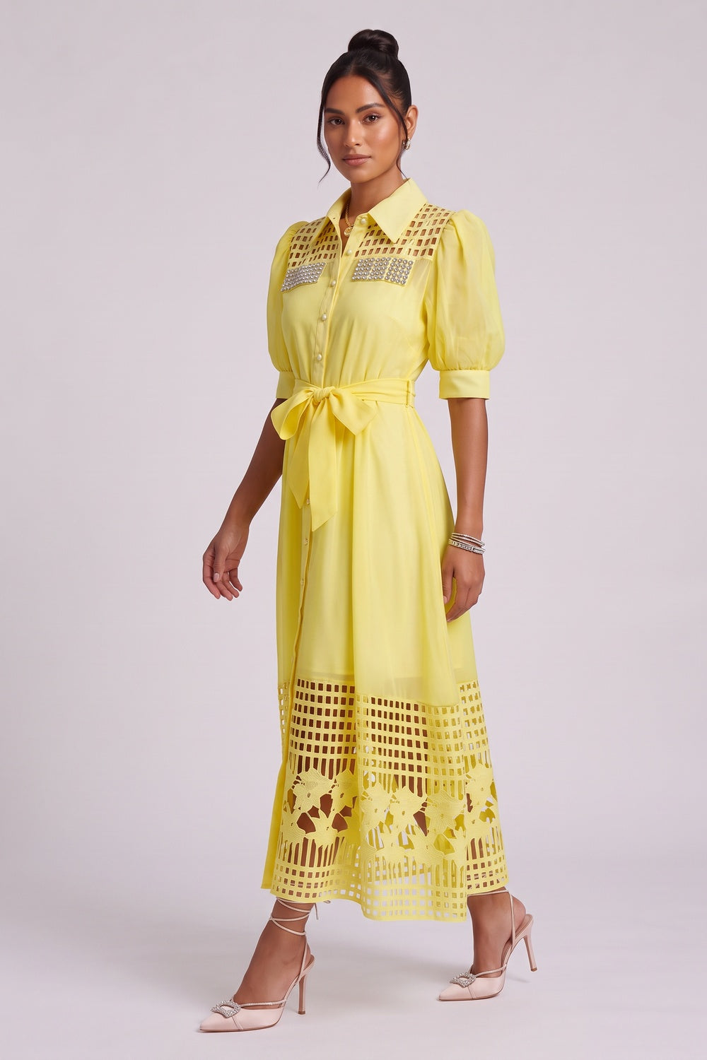 YELLOW CUTOUT MIDI DRESS WITH CRYSTALS FOR PARTY