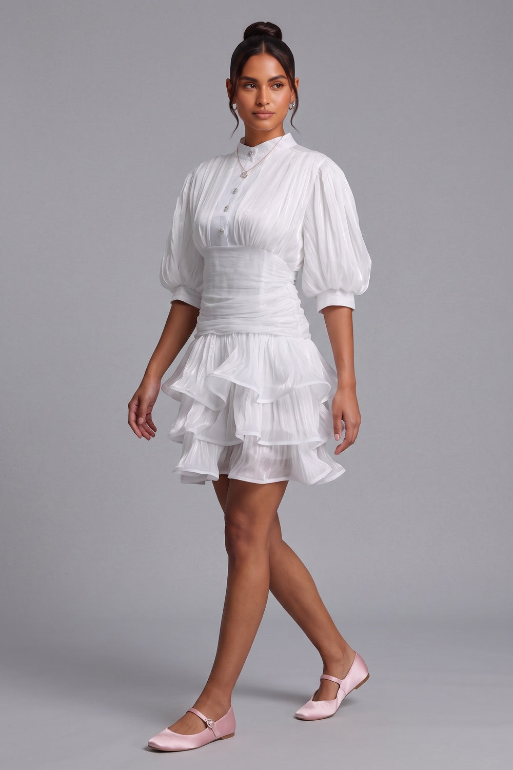 WHITE TIERED RUFFLE MINI DRESS FOR COCKTAIL PARTY