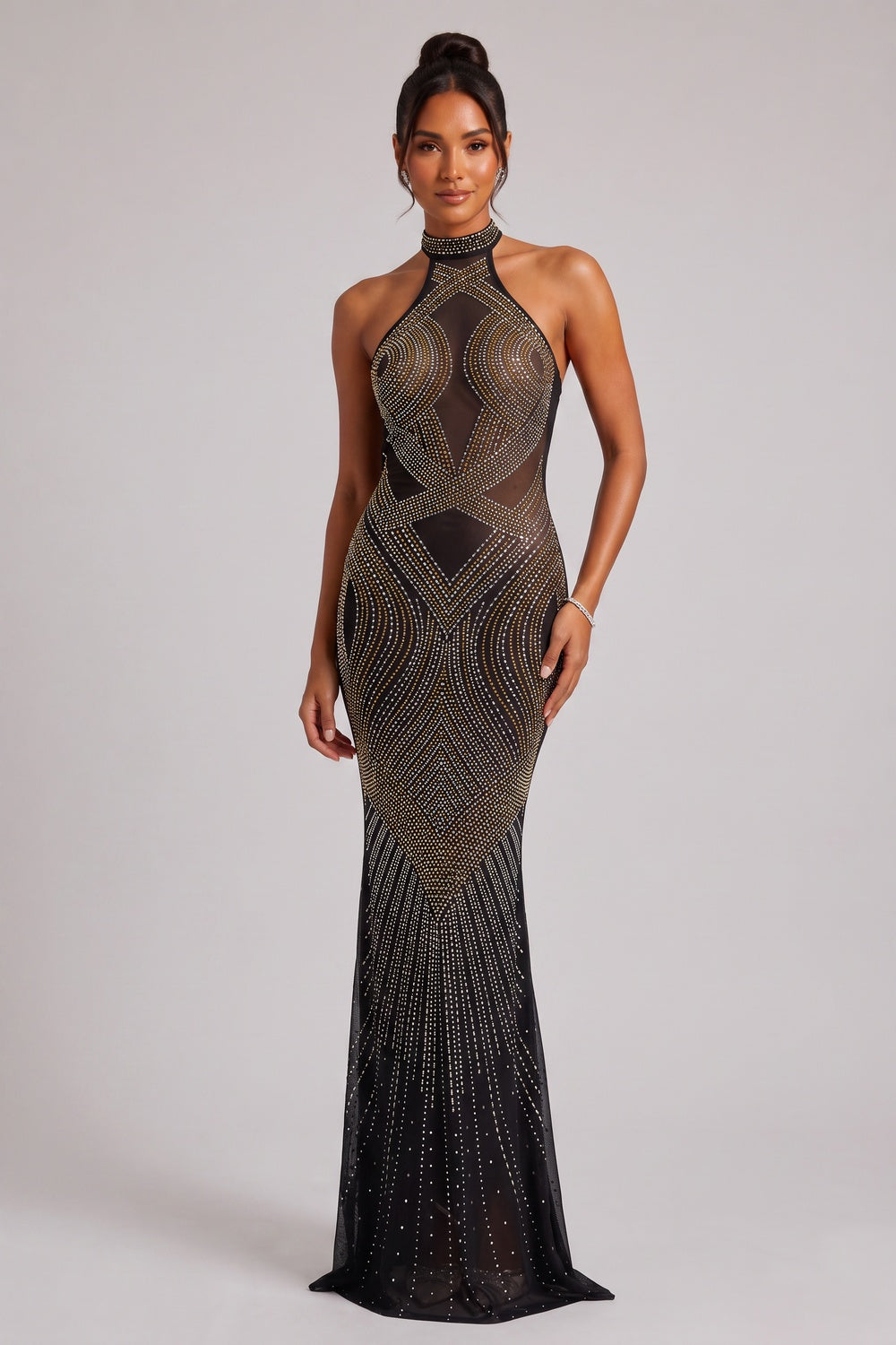 BLACK GOLD EMBELLISHED MERMAID EVENING GOWN