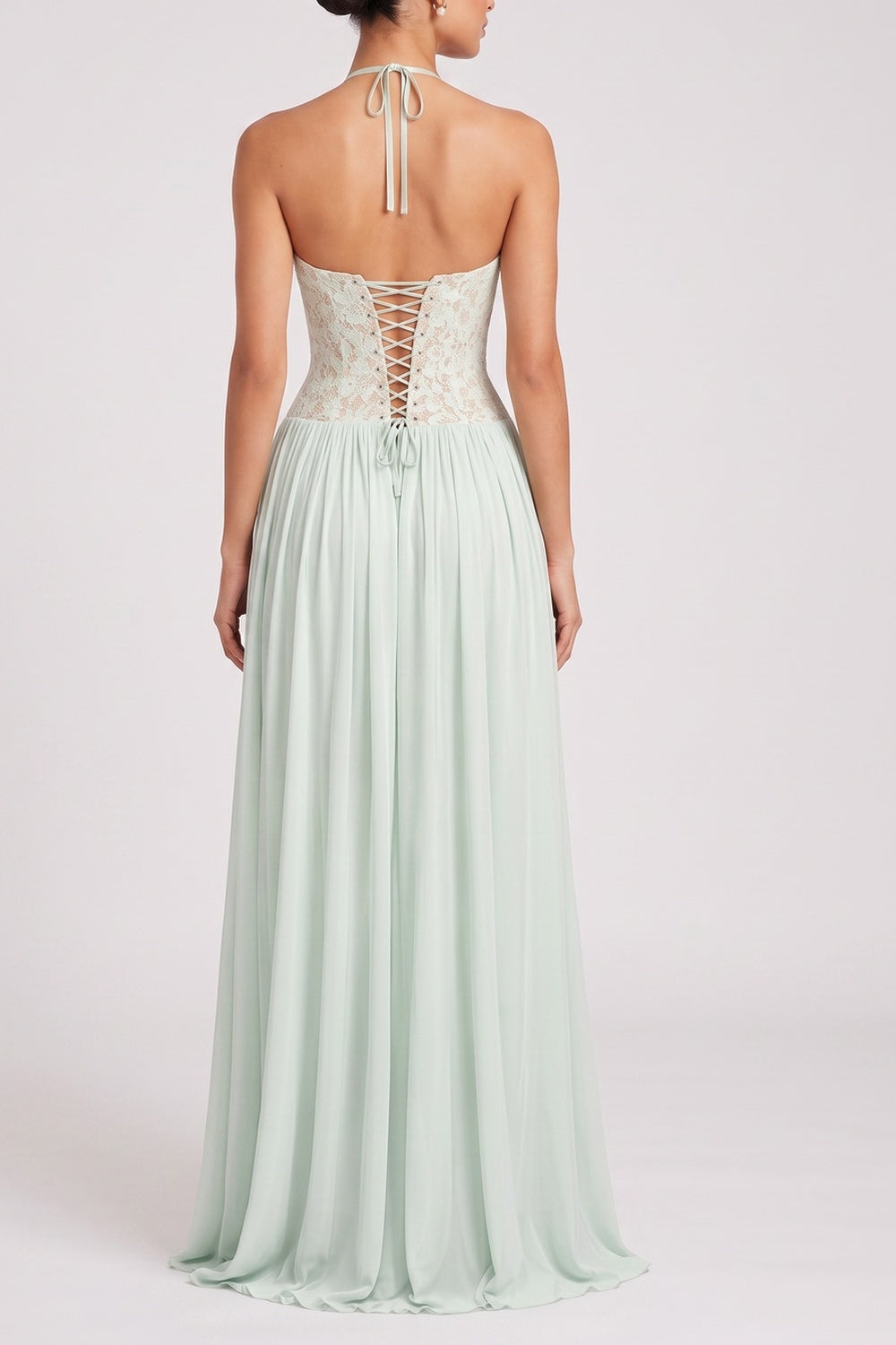 b7a479734e766e72 HALTER TWIST BUST LACE CORSET CHIFFON MAXI DRESS