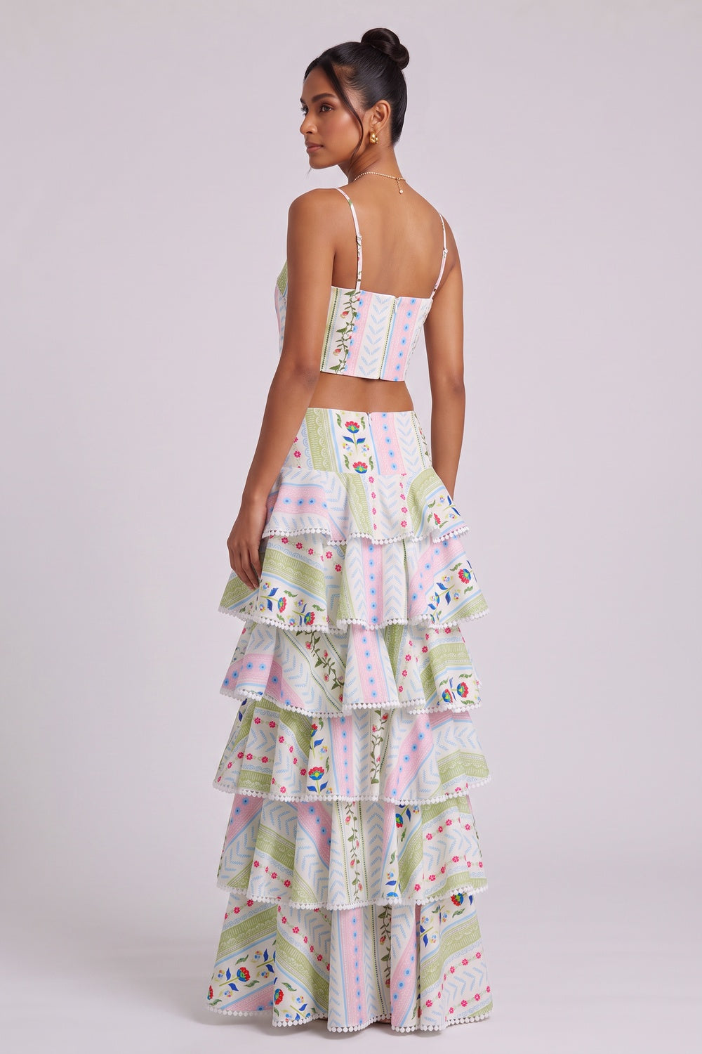 b7b43dee8aea43bf TWO-PIECE SET | TIERED MAXI SKIRT | POM-POM TRIM