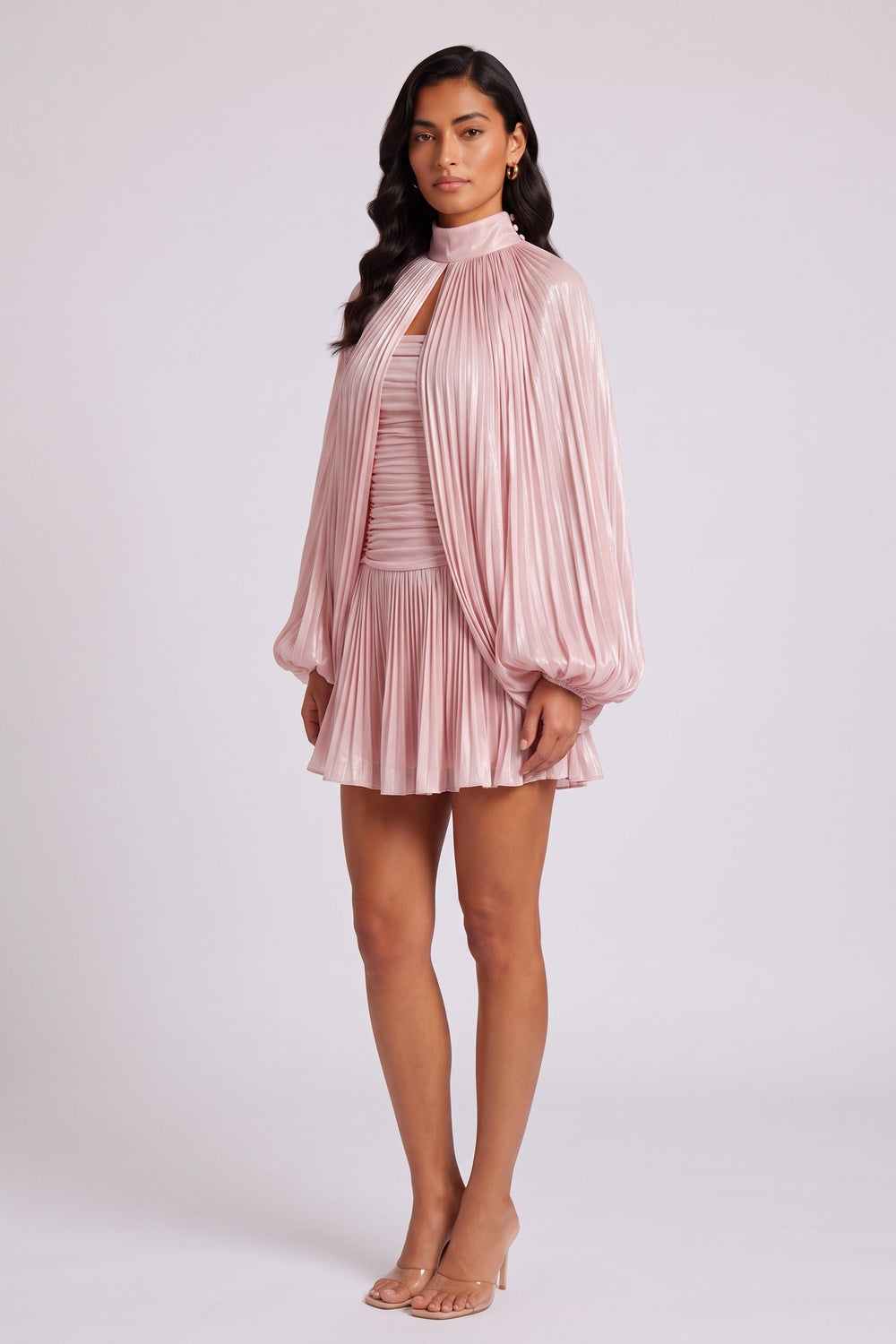 b7c8516d2baa4e4b HIGH NECK KEYHOLE CAPE PUFF SLEEVE RUCHED MINI DRESS