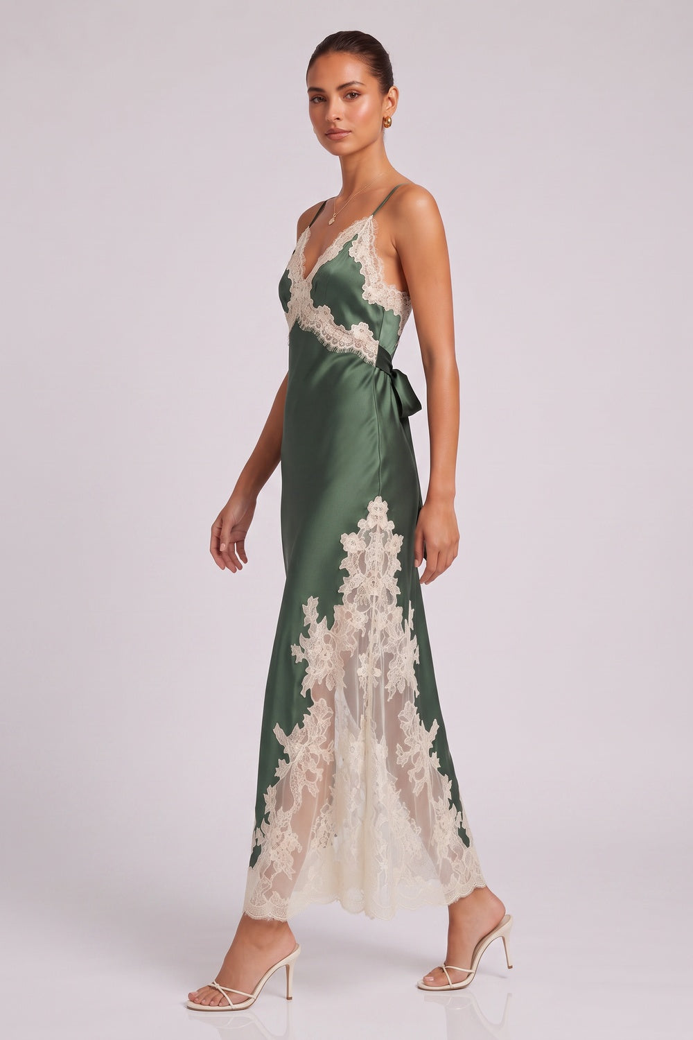 b7d70baf31d376a1 FOREST GREEN SATIN SLIP DRESS LACE WEDDING GUEST