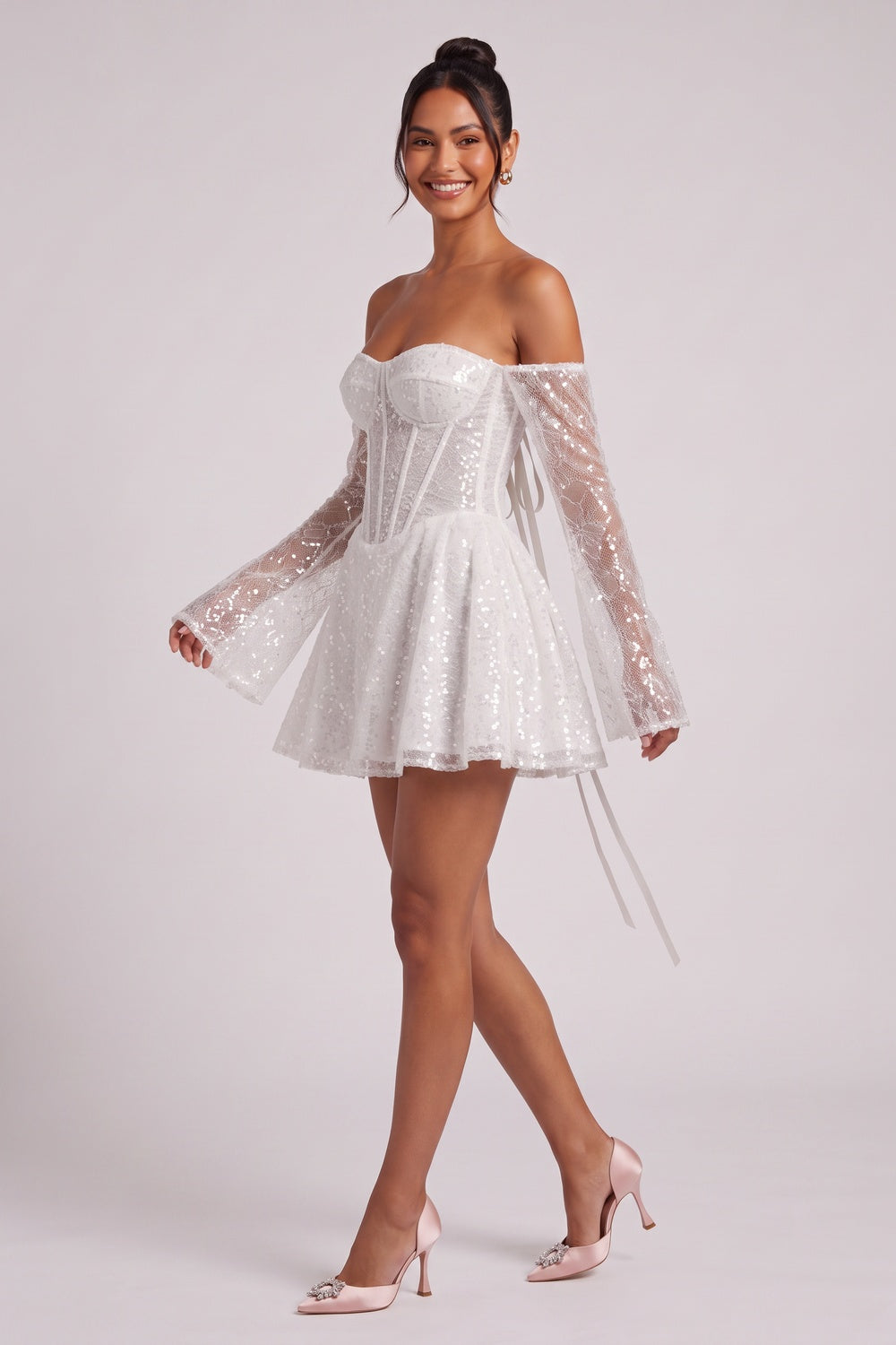 b8082ad3a5554865 WHITE SEQUINED TULLE FIT-AND-FLARE COCKTAIL DRESS