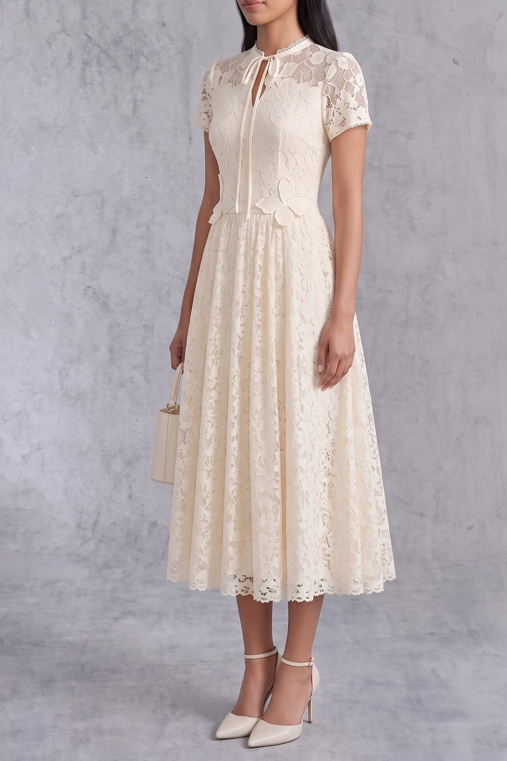 b82b8aacf20a2b71 CREAM LACE TIE-NECK A-LINE MIDI DRESS