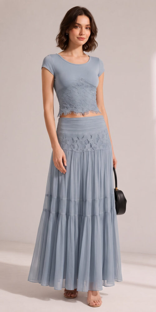 b89536c42311db36 DUSTY BLUE LACE CROP TOP & TIERED MIDI SKIRT SET