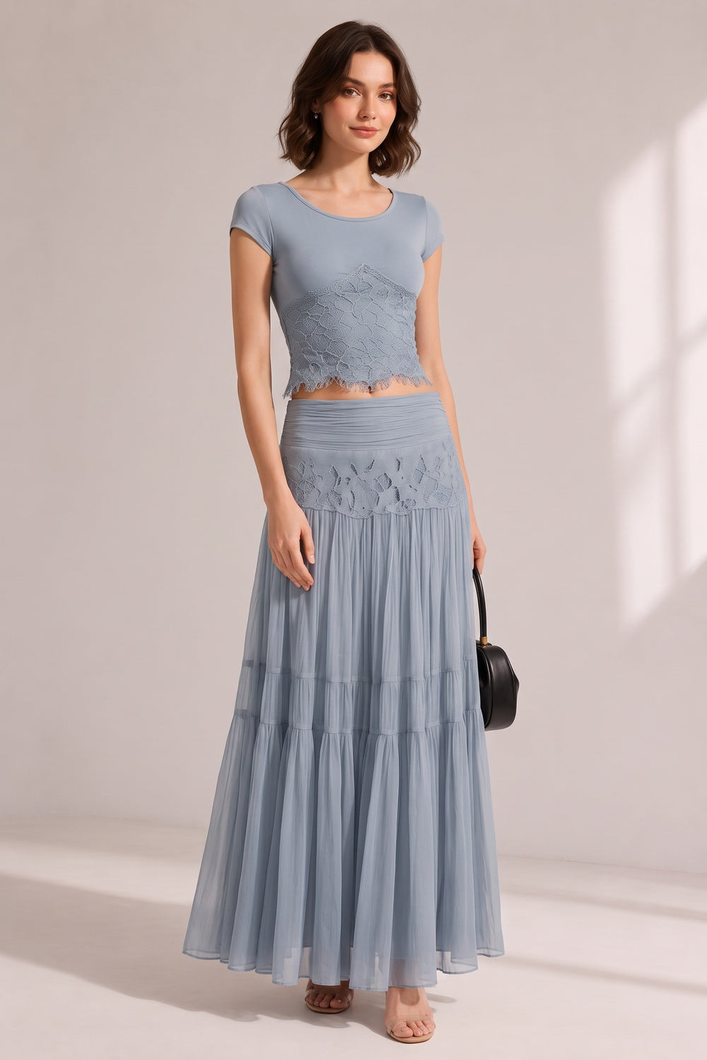 DUSTY BLUE LACE CROP TOP & TIERED MIDI SKIRT SET