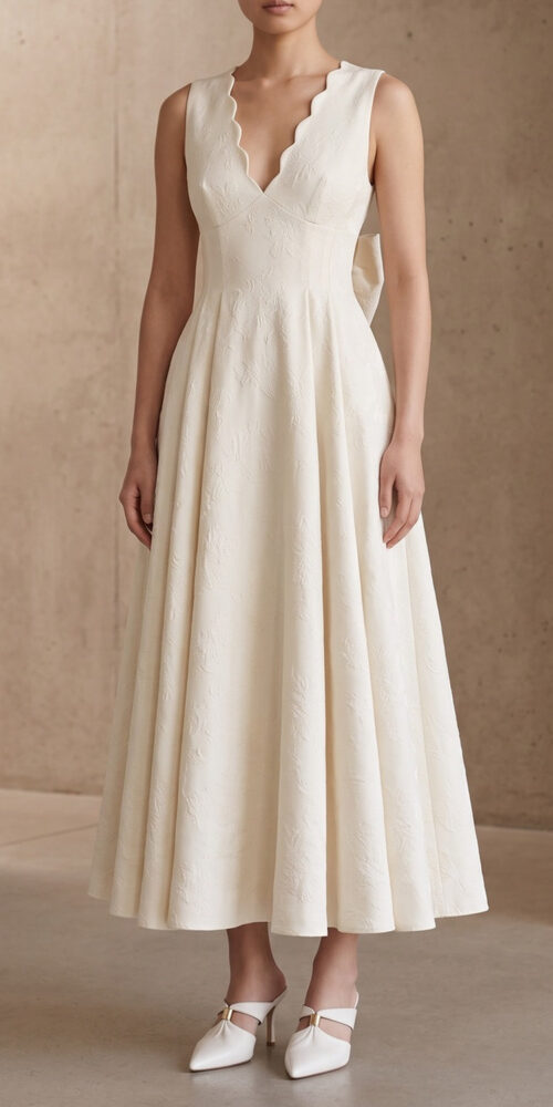 b89d3ada3b1c655d SCALLOPED V-NECK SLEEVELESS PLEATED A-LINE MIDI DRESS