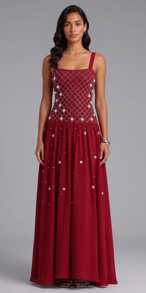 b8c3be4b13c7bd11 SQUARE NECK RHINESTONE PEARL FLOWY MAXI DRESS