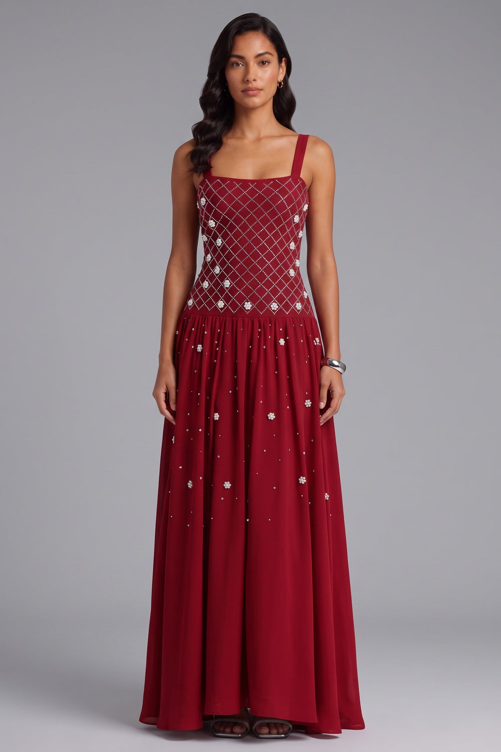 b8c3be4b13c7bd11 SQUARE NECK RHINESTONE PEARL FLOWY MAXI DRESS