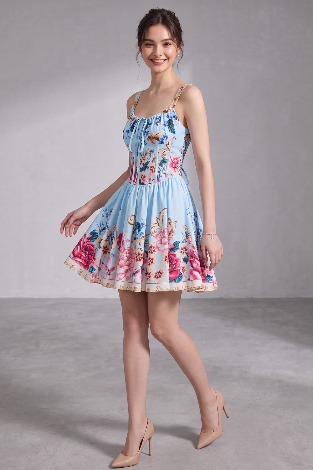 b8e16ca551960272 LIGHT BLUE STRUCTURED FIT & FLARE COTTON DRESS