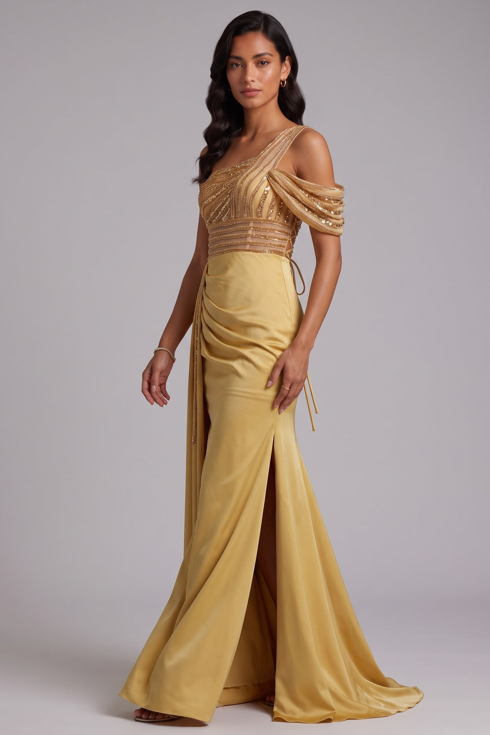 b8fc6e125d36ef62 ONE SHOULDER BEADED MERMAID SATIN EVENING GOWN