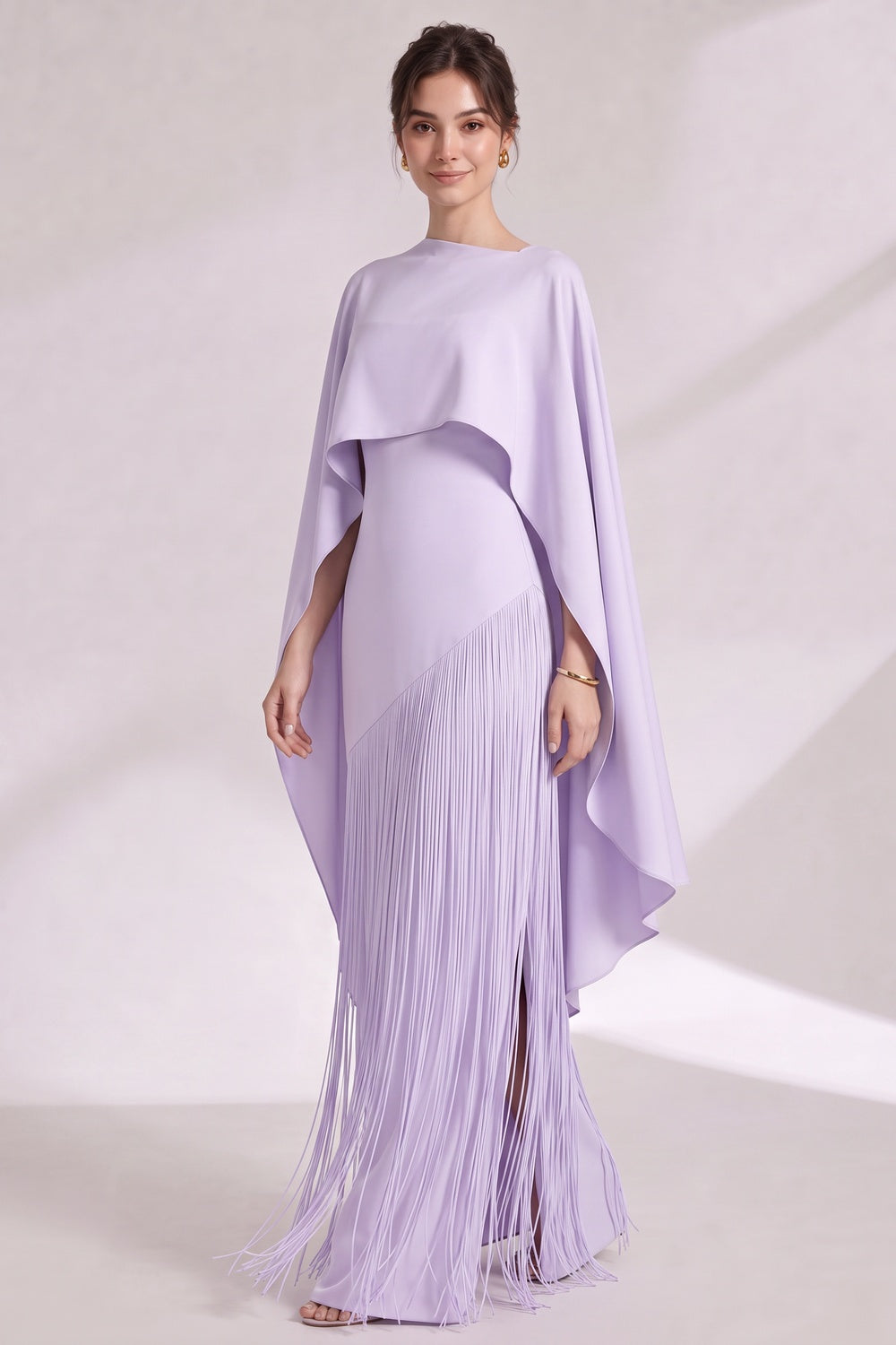 LAVENDER CAPE COLUMN EVENING GOWN, ASYMMETRICAL OVERLAY