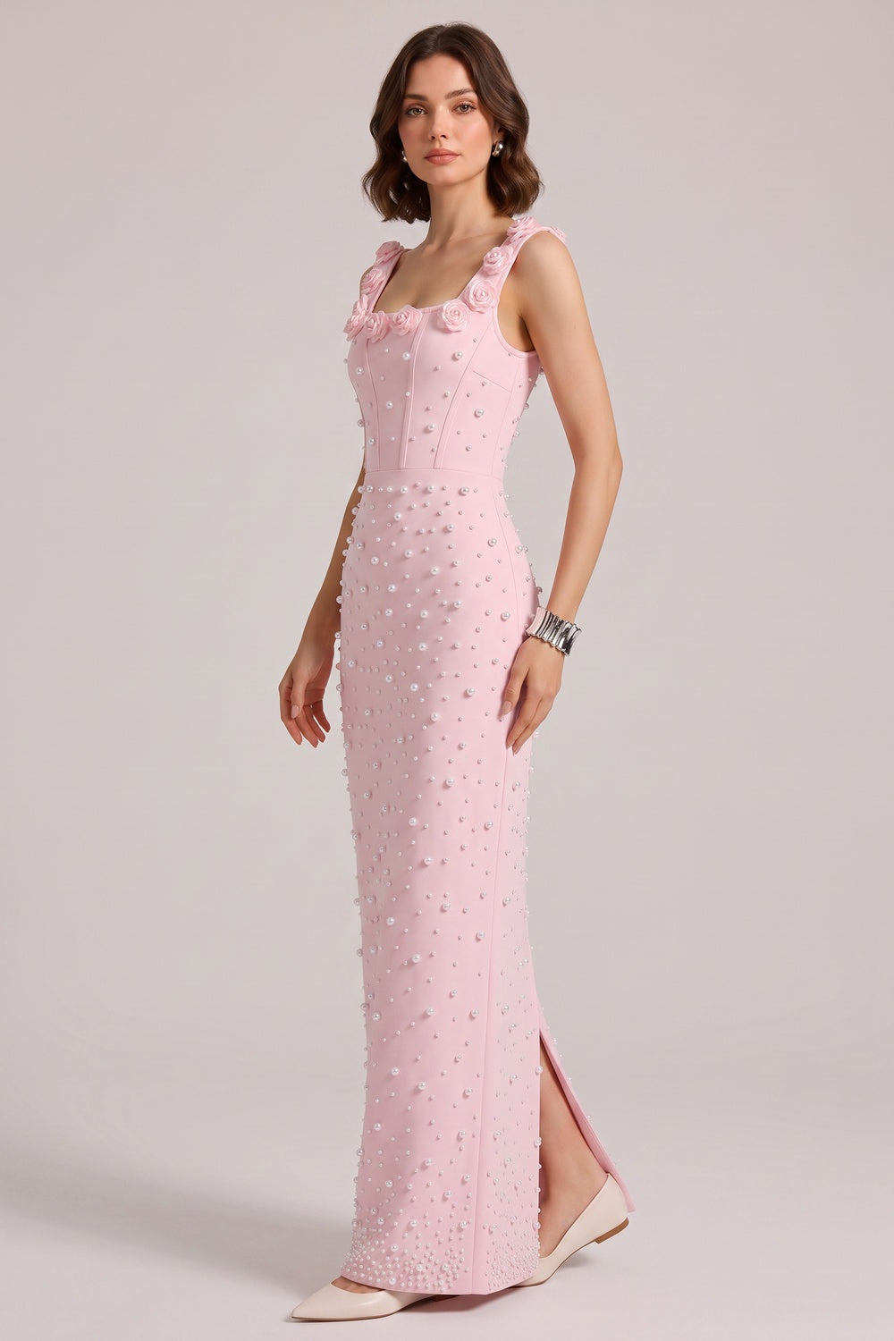 PINK 3D ROSE PEARL BEADED MERMAID MAXI GOWN