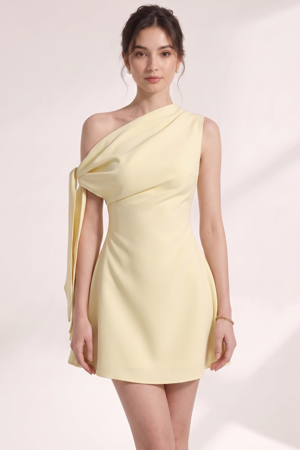 b9155aedbc8c869a PALE YELLOW ONE-SHOULDER A-LINE MINI DRESS