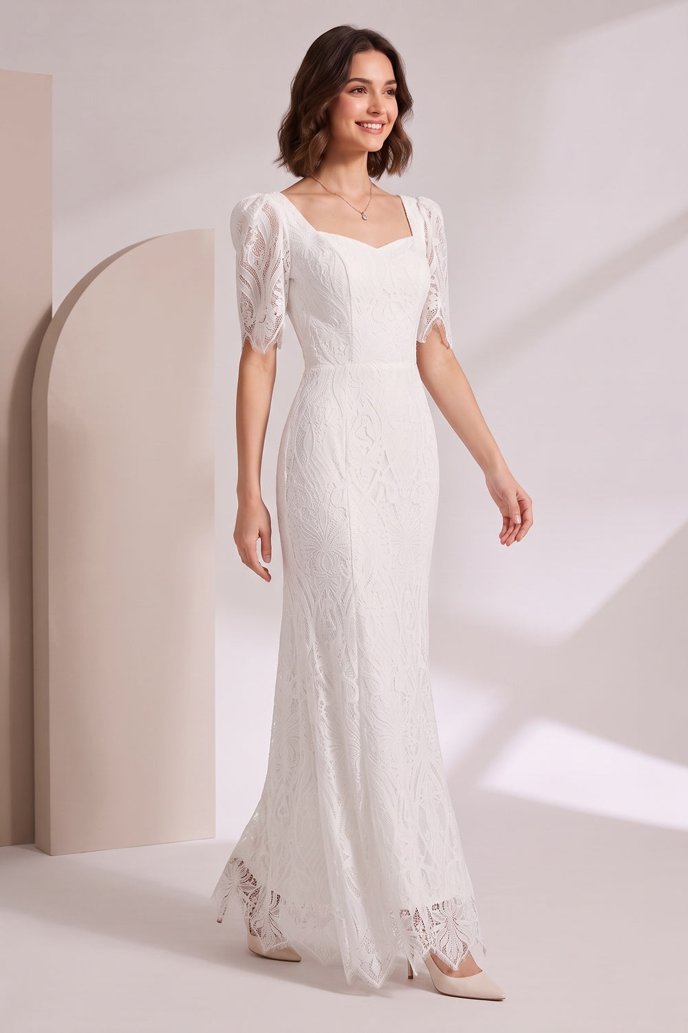 b925cbdafff4a564 WHITE LACE MAXI DRESS PUFF SLEEVE WEDDING GUEST