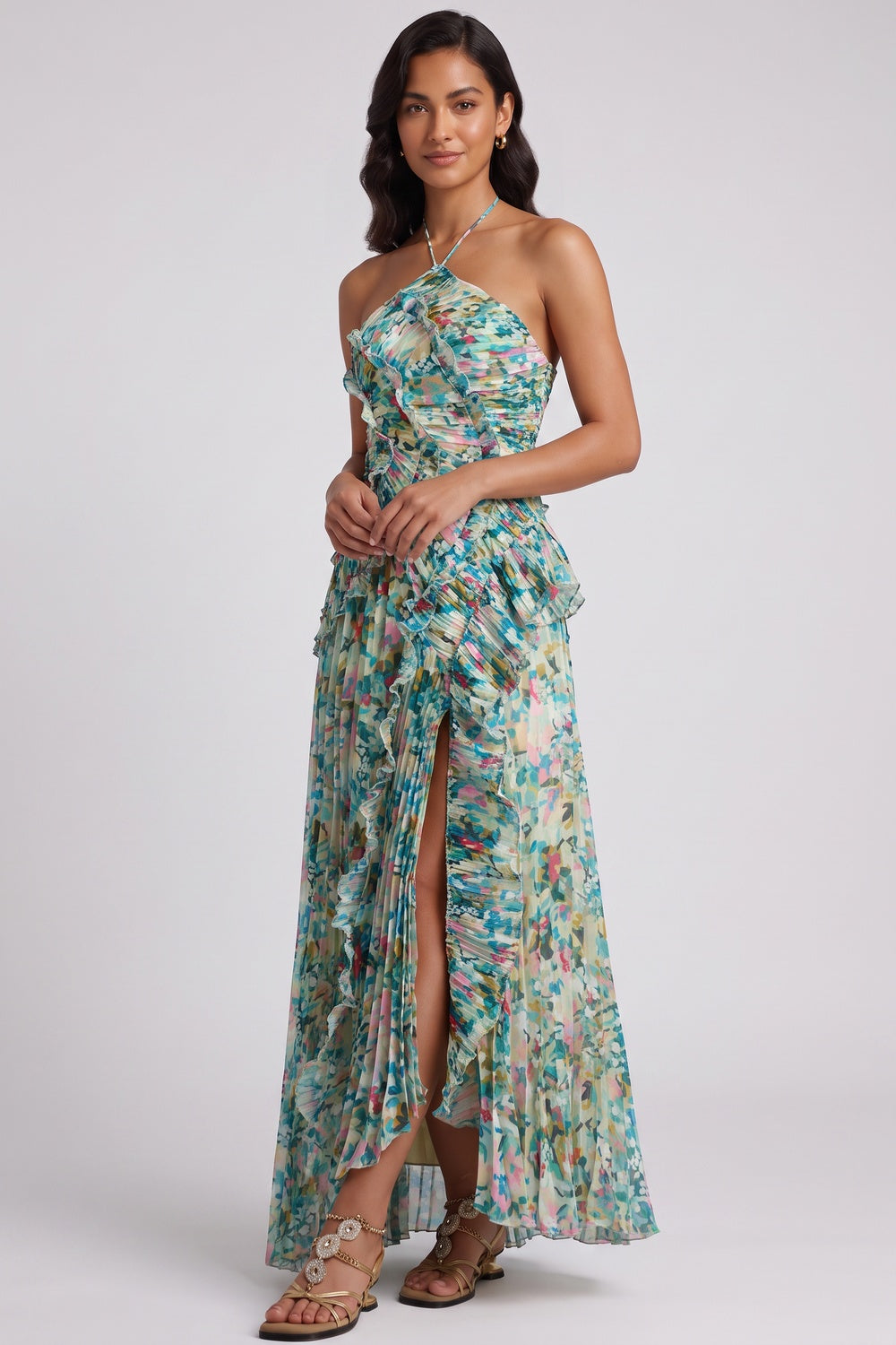 GREEN CHIFFON A-LINE MAXI DRESS HIGH SLIT RUFFLED