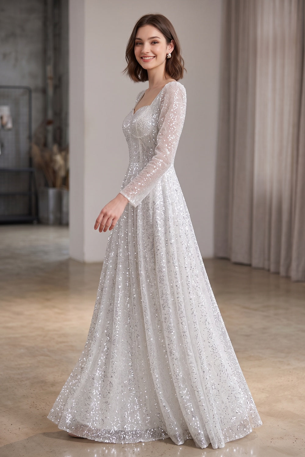 b9f698cee59ac2bc SILVER SEQUIN TULLE A-LINE EVENING GOWN