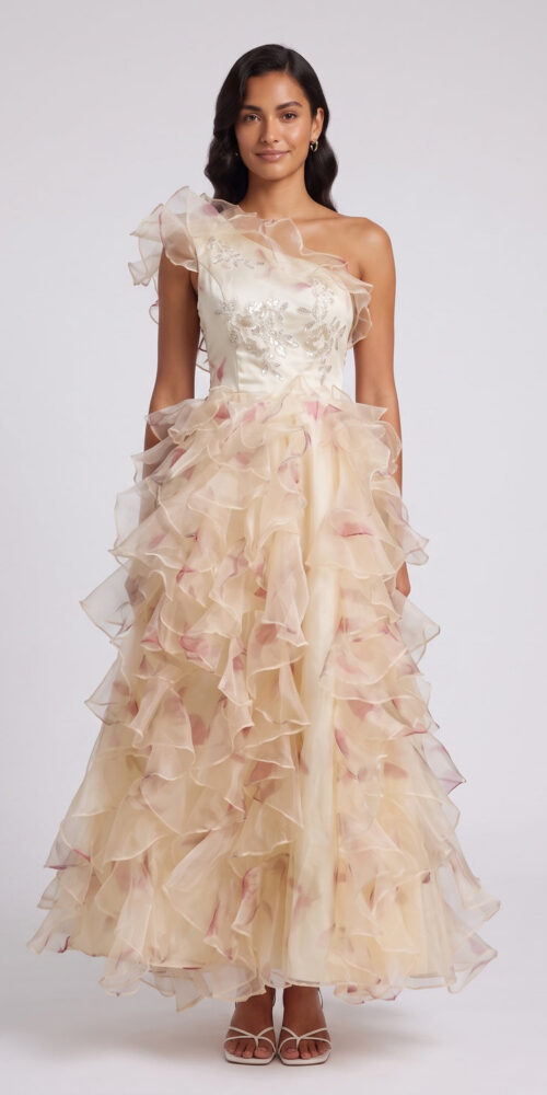 ba134412728886fb ONE-SHOULDER RUFFLED CORSET BACK MAXI DRESS