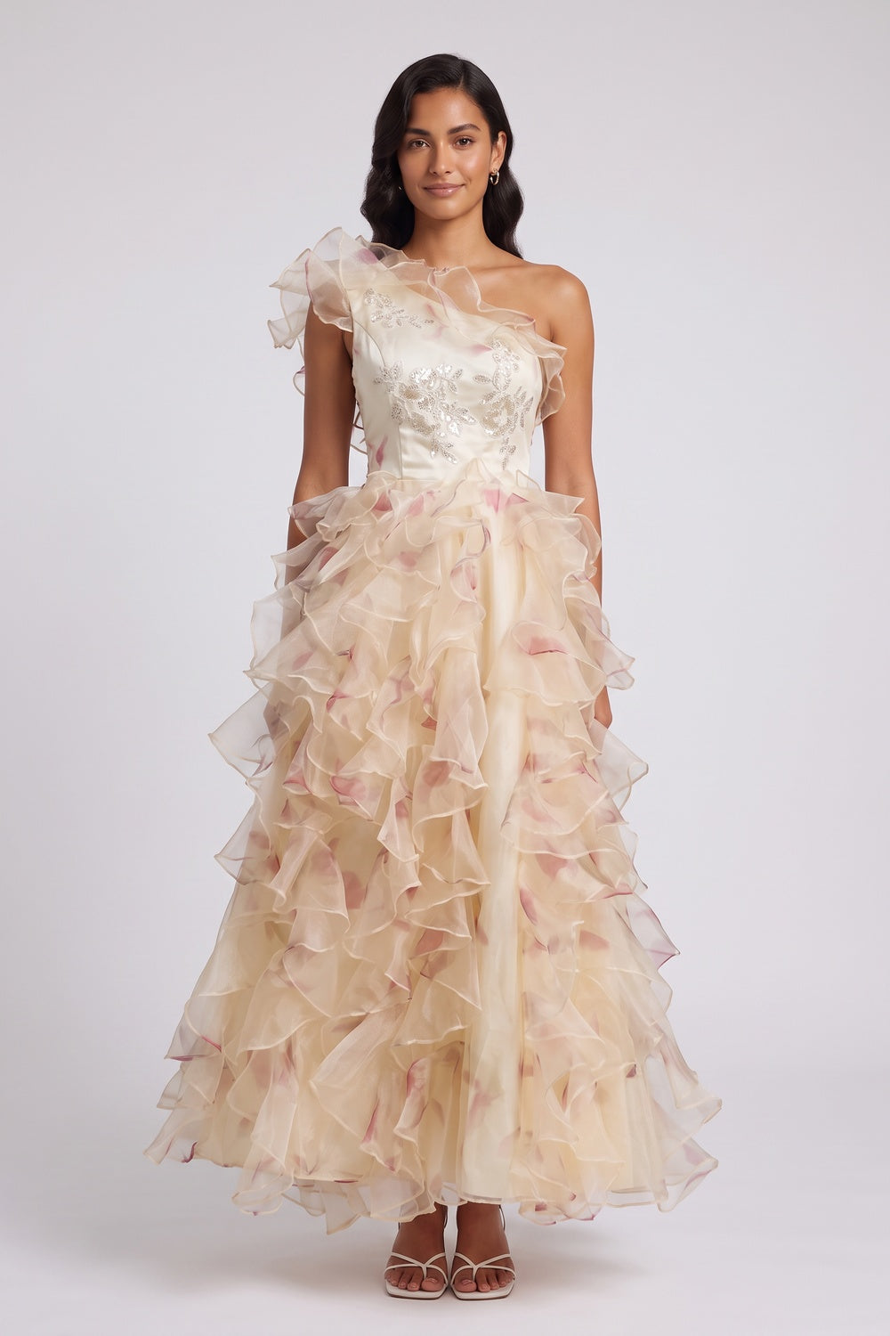 ONE-SHOULDER RUFFLED CORSET BACK MAXI DRESS