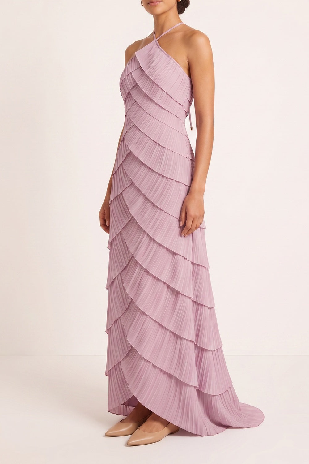 HALTER PLEATED MAXI DRESS FOR WEDDING GUEST