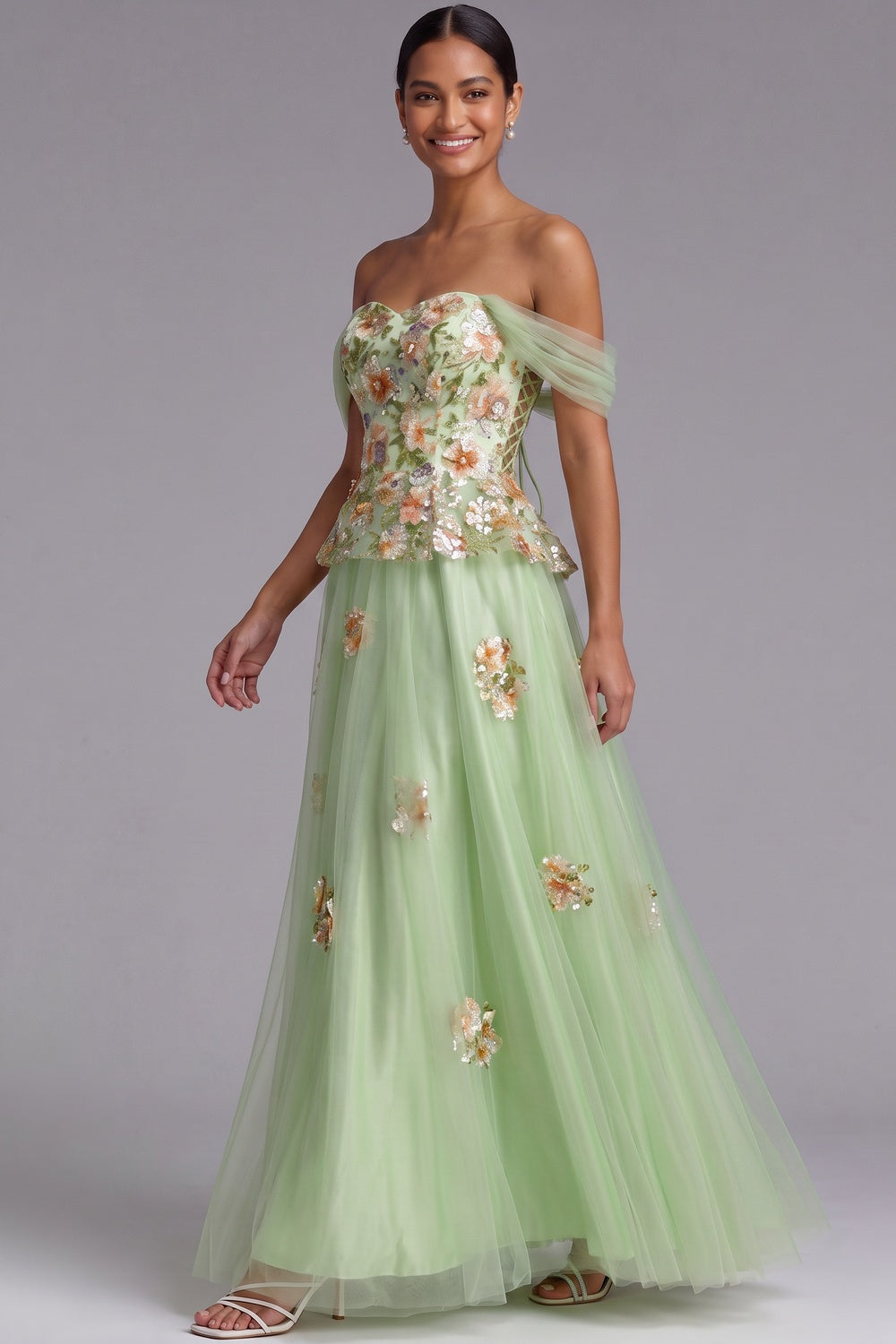 ba6e54468b610289 LIGHT GREEN OFF-SHOULDER FLOOR-LENGTH FLORAL GOWN
