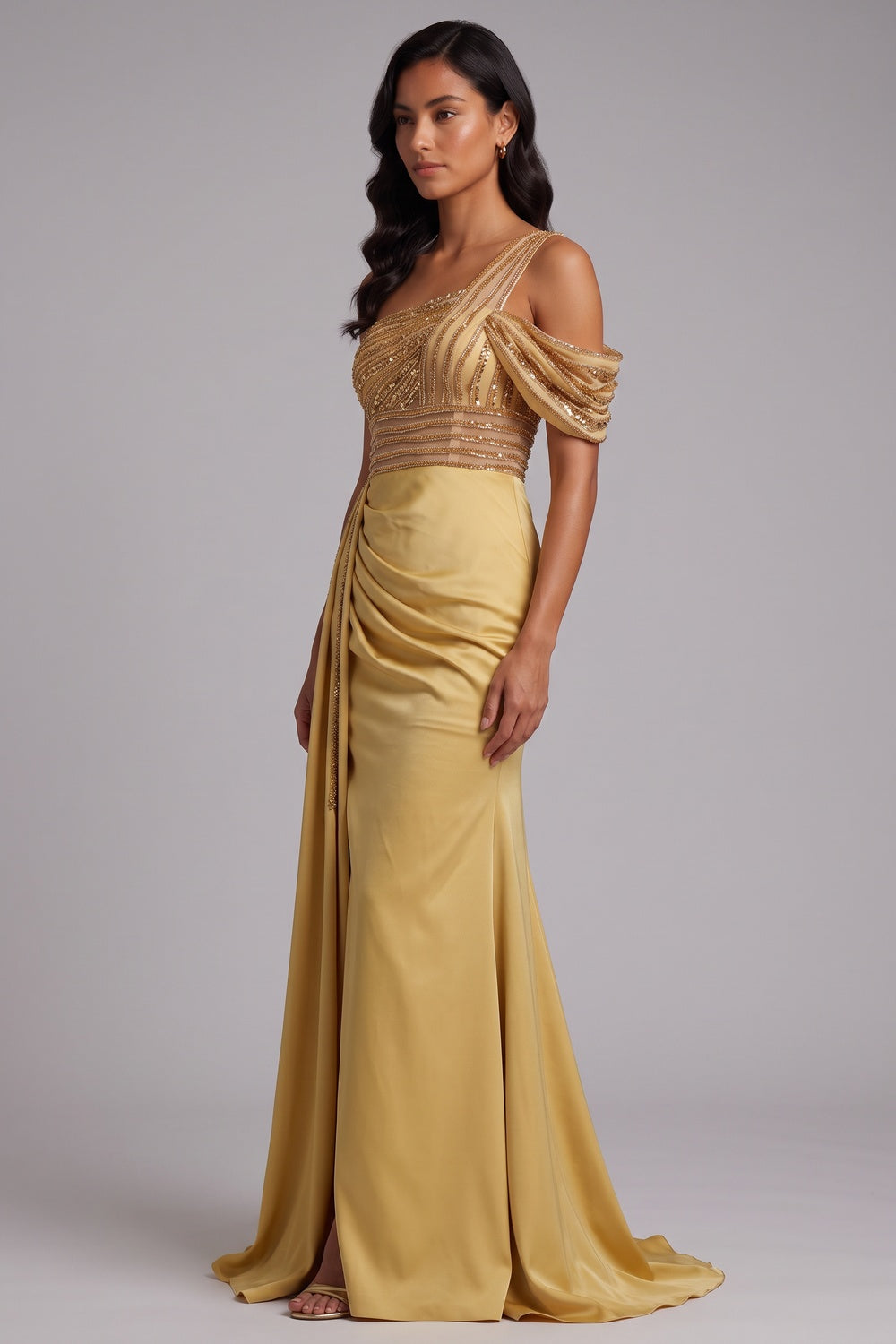 ba7863c34593c193 ONE SHOULDER BEADED MERMAID SATIN EVENING GOWN
